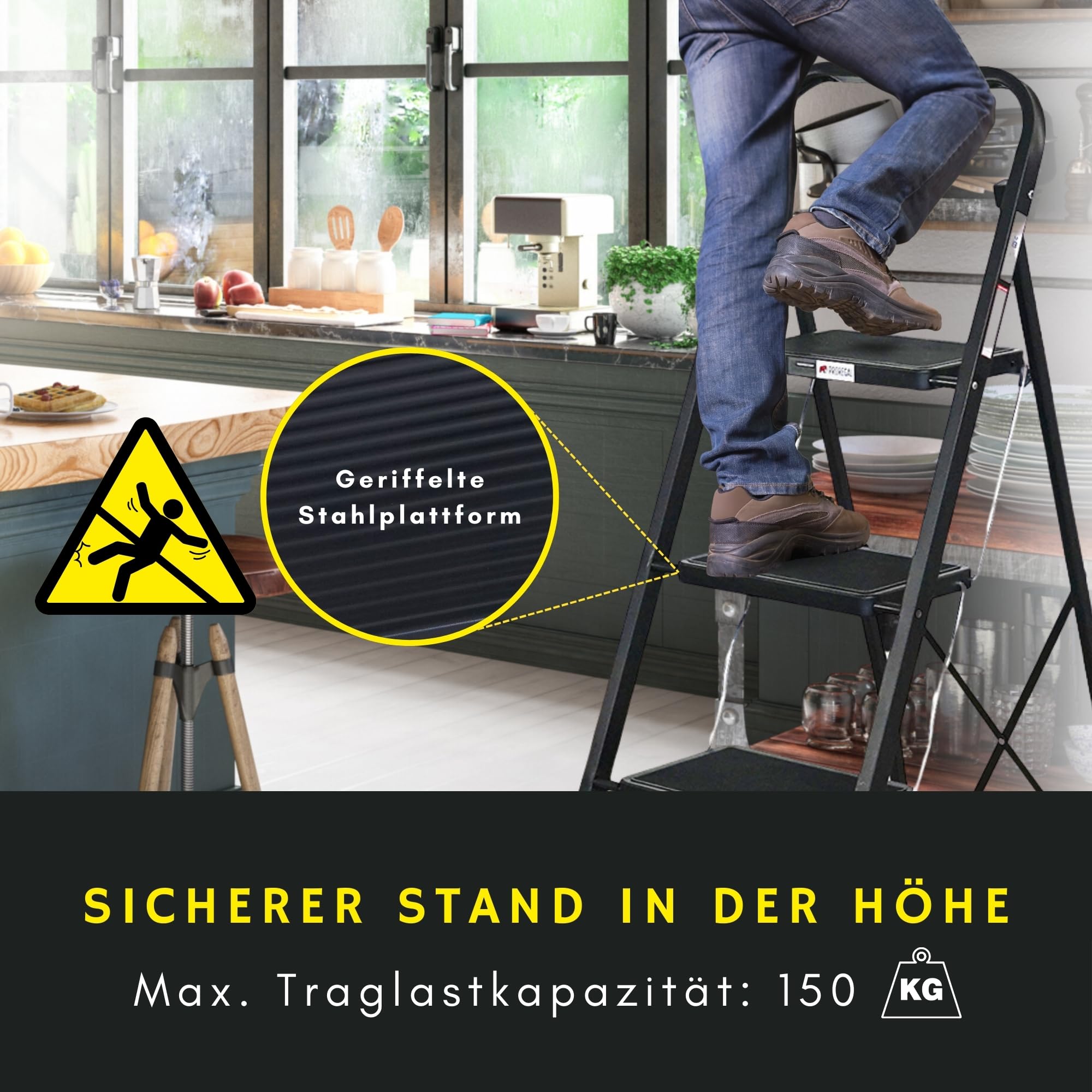 PROREGAL Trittleiter mit 3 Stufen TÜV extra breitem Anti-Rutsch-Tritt aus Leichtmetall, 5 kg leicht, klappbar Klappsicherung, bis 150 kg, schwarz, Leiter Klappleiter Haushaltsleiter Klapptritt