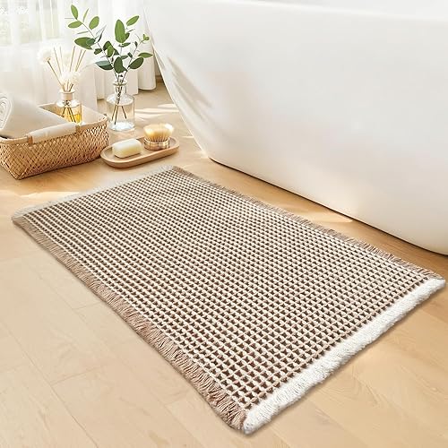 Tapete de baño estilo gofre, tapete de baño bohemio, antideslizante, lavable, súper absorbente y de secado rápido, tapetes de baño pequeños, Caqui y