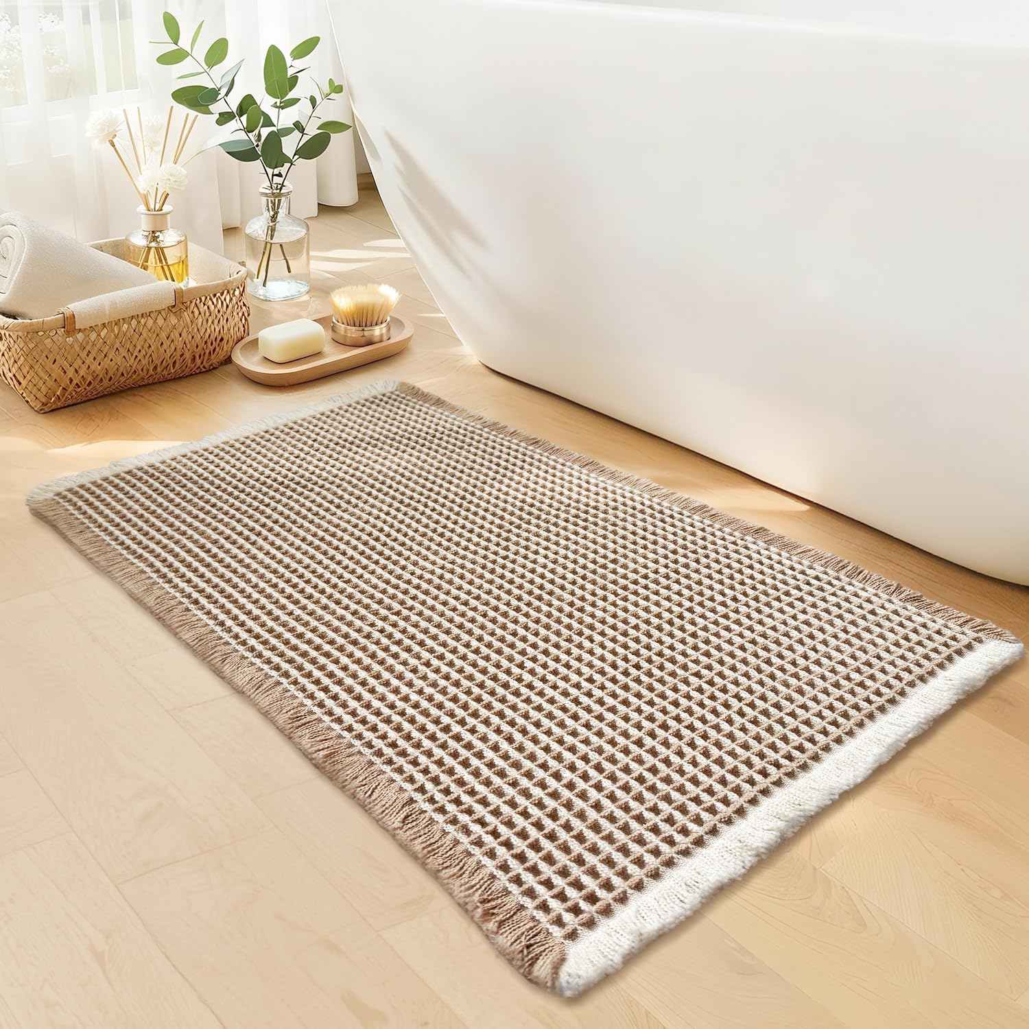 GRLYUH Waffle Bath Mat - Boho Bathroom Rugs Non Slip Washable, Super Absorbent & Quick Dry, Soft Bath Mat Farmhouse Bathroom Decor, 24'' x 36'', Khaki