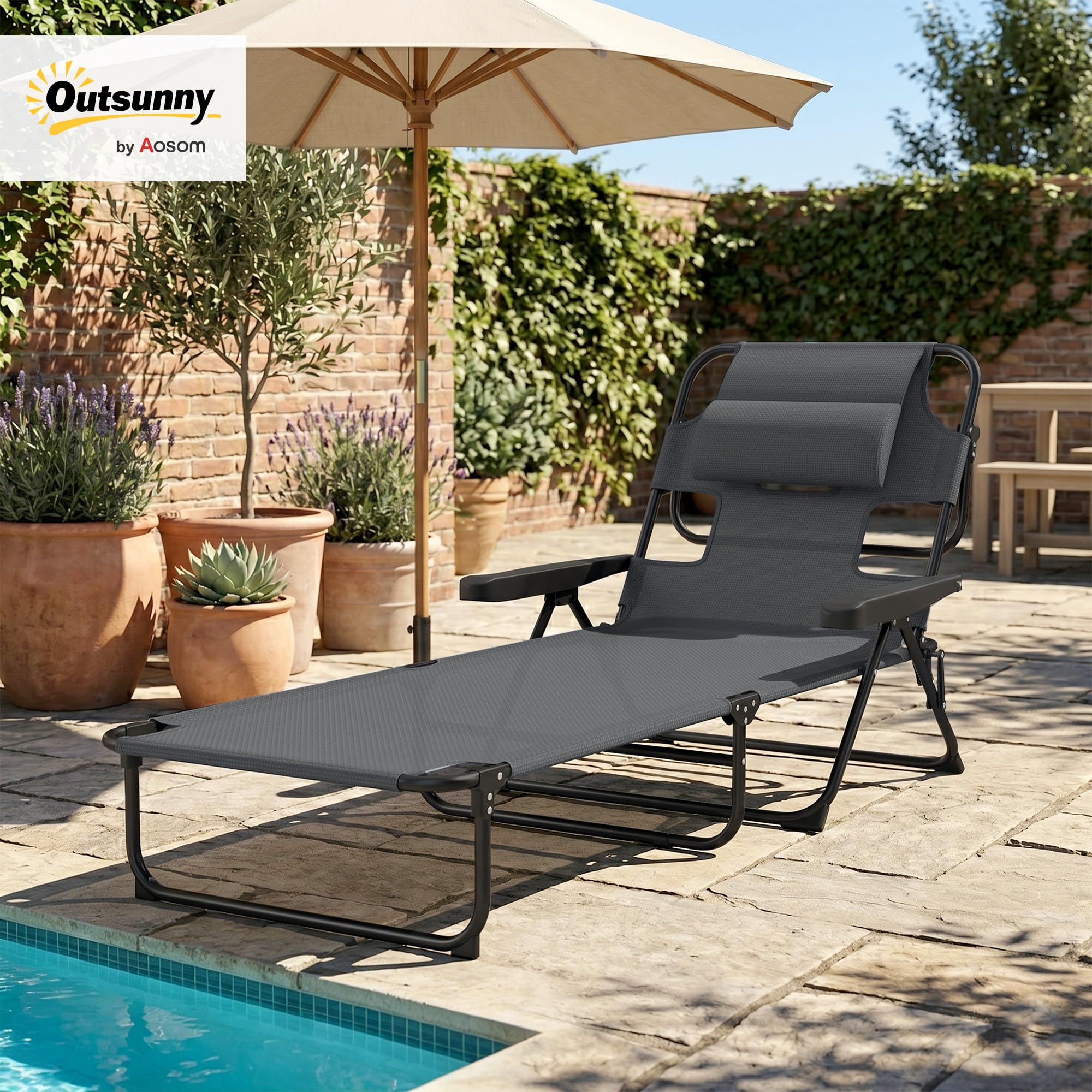 Outsunny Bain de Soleil Transat de Plage Pliable Appuie-Tête Gris | Trou de Lecture, Chaise Longue, Dossier Inclinable en Textilène, Jardin Extérieur, Camping, Piscine, Terrasse