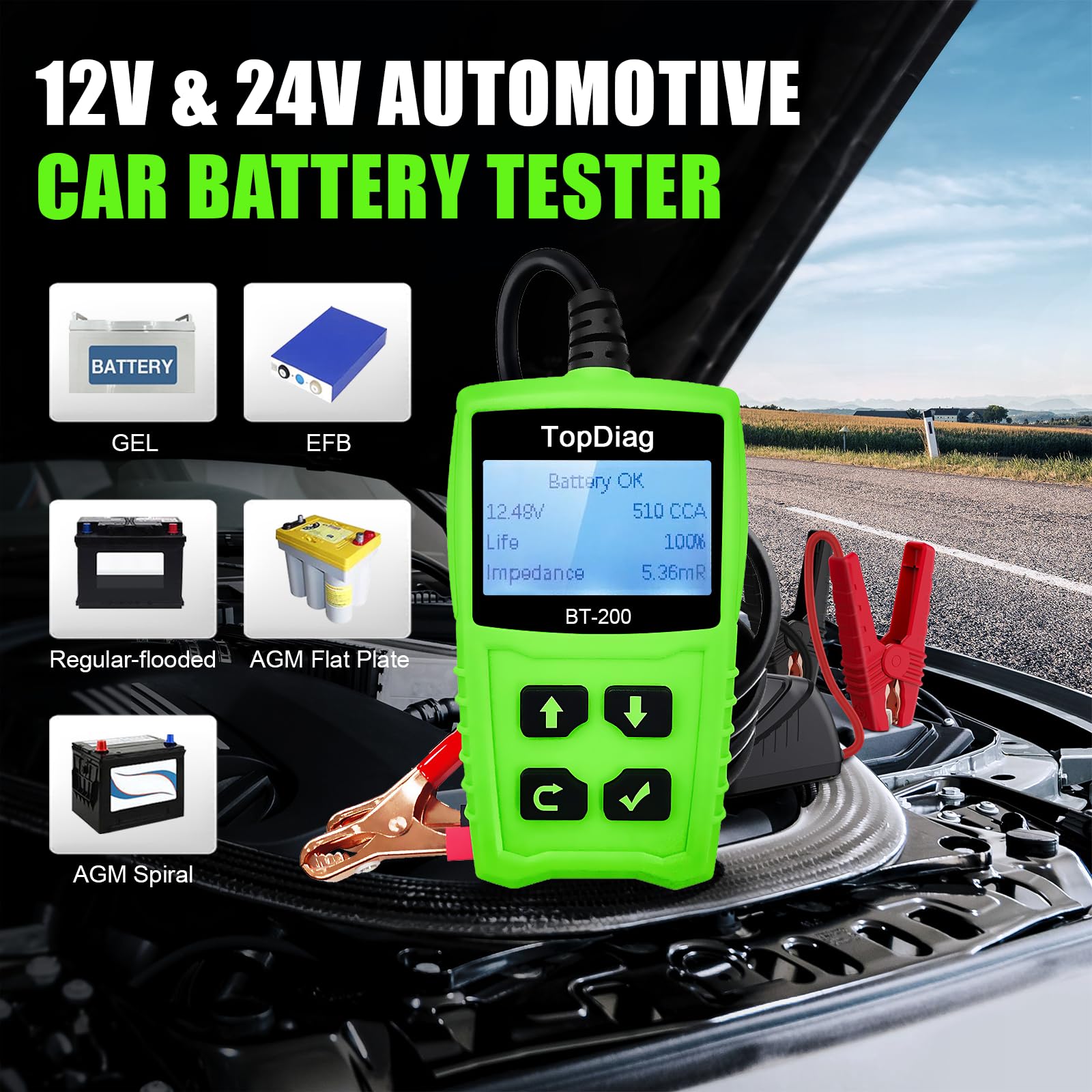 Topdiag BT200 12V 24V Car Battery Tester 2024, 100-2000 CCA Digital Battery Analyzer, Automotive Charging Cranking System Tester, Quick/Stacndard Test