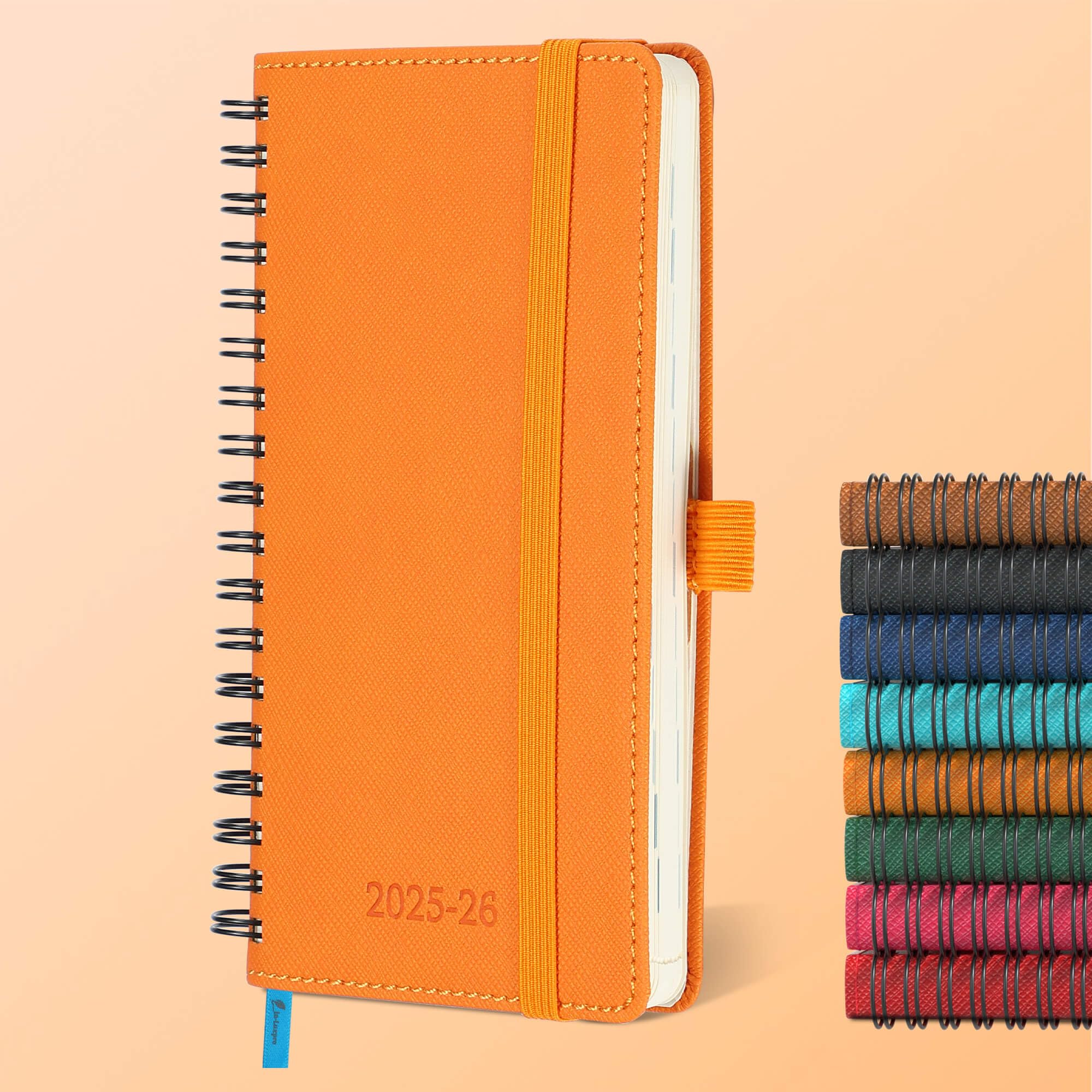Agenda scolaire 2025-2026 journalier, hebdomadaire et mensuel, 16,5 x 9,5 cm, 18 mois à spirales avec porte-stylo autocollant, plan scolaire 2026 avec couverture souple en cuir végétalien