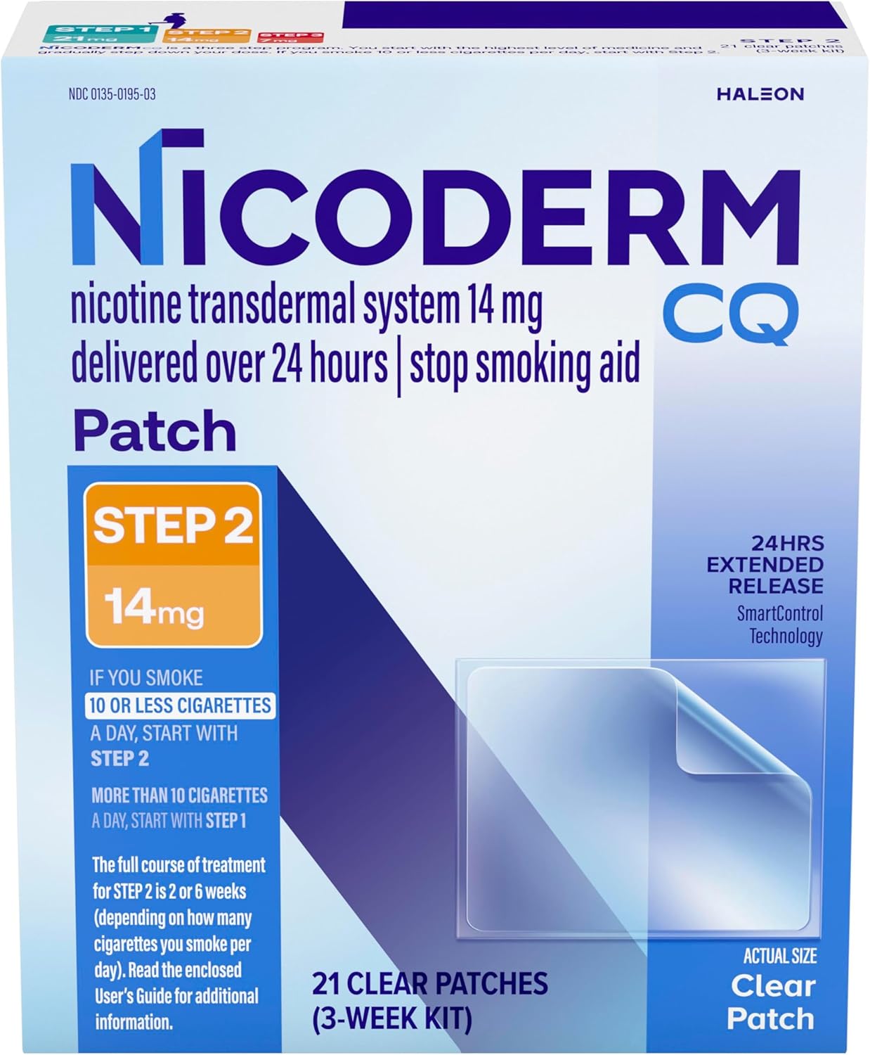 NicoDerm CQ Nicotine Patches to Help Stop Smoking with Behavioral Support Program, 14mg, Step 2-21 Count