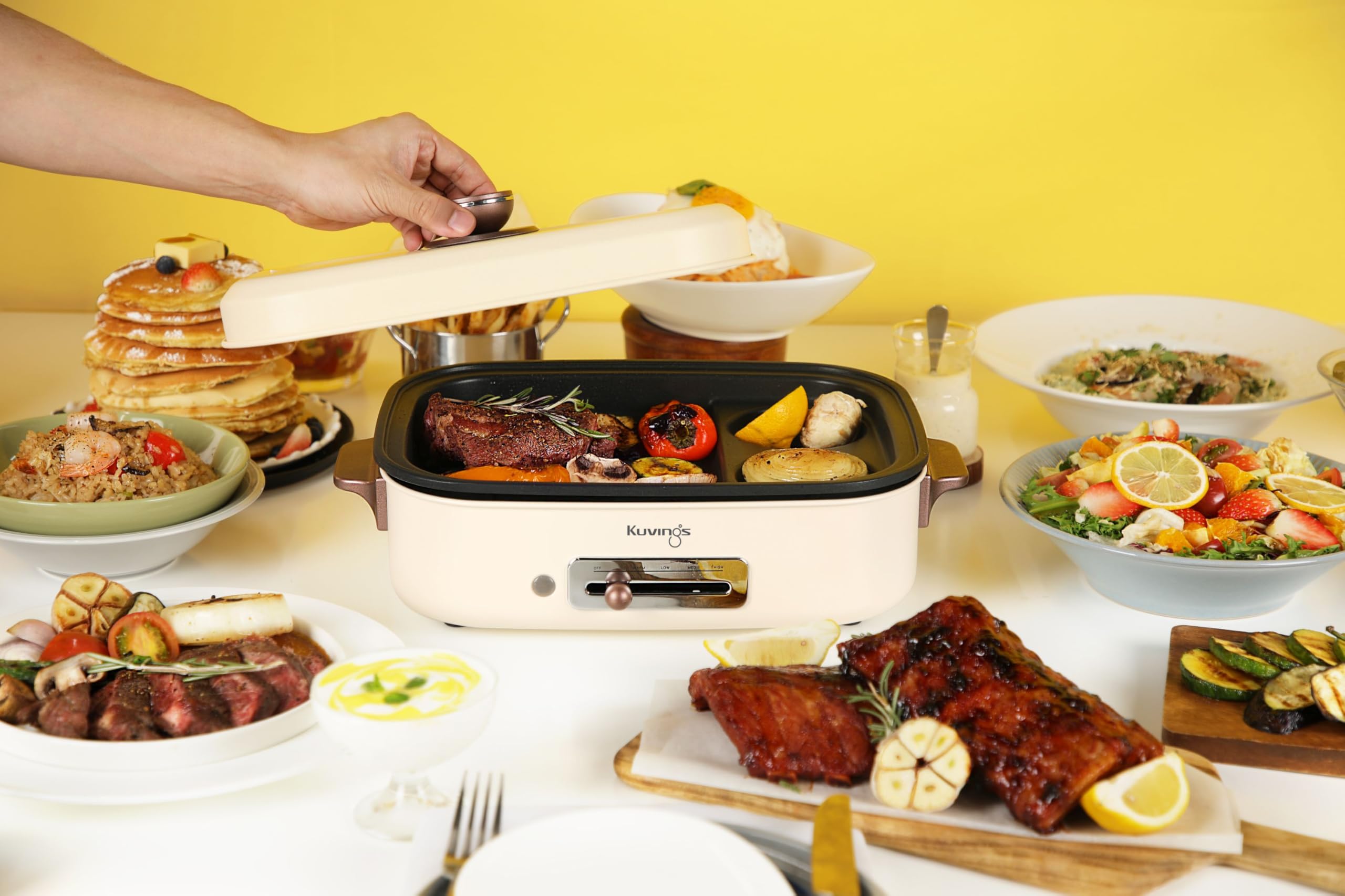 Kuvings MultiGrill Ceramic Plus - grill kontaktowy wielofunkcyjny z płytami ceramicznymi, 65-250°C, 1200-1400 W, 2 płyty (śniadaniowa i głęboka), beżowy