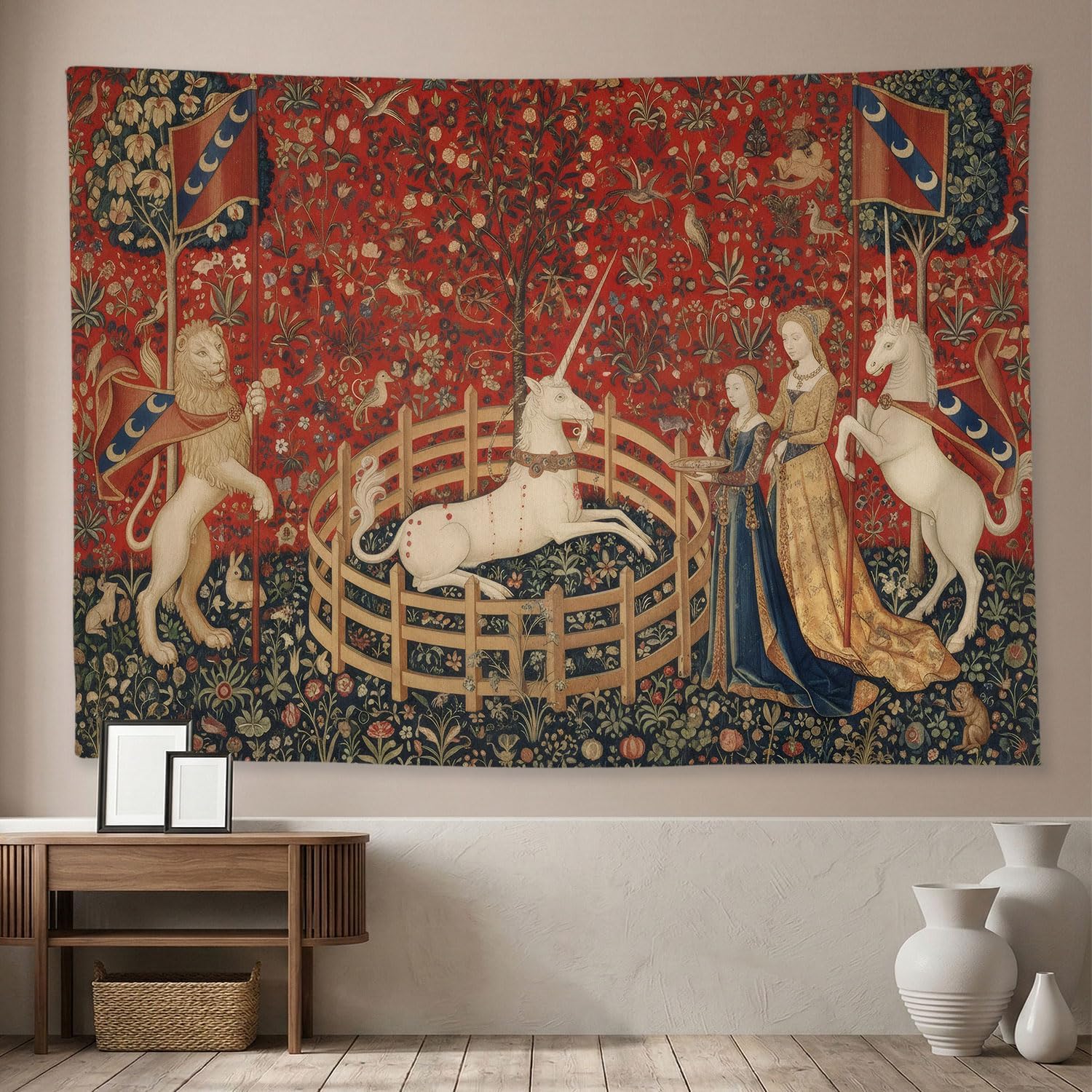 Bonriva Medieval Renaissance Tapestry Wall Hanging, Vintage Lady and Unicorn lion Art Floral Aesthetic Tapestry Wall Decor, Fantasy Witchy Mythical Tapestries for Bedroom Living Room Dorm, 60"x 40"