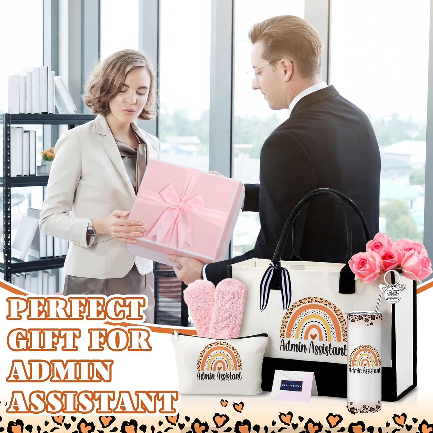Geiserailie 8 Pcs Administrative Assistant Gifts for Women Including Large Tote Bag Cosmetic Bags Tumbler Cup Plush Socks Metal Keychain Card Administrative Professionals Day Gifts for Secretary Day