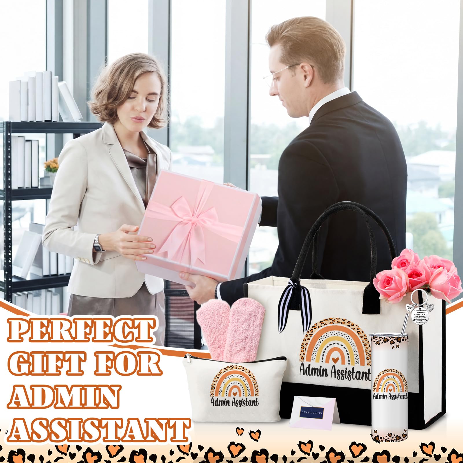 Geiserailie 8 Pcs Administrative Assistant Gifts for Women Including Large Tote Bag Cosmetic Bags Tumbler Cup Plush Socks Metal Keychain Card Administrative Professionals Day Gifts for Secretary Day