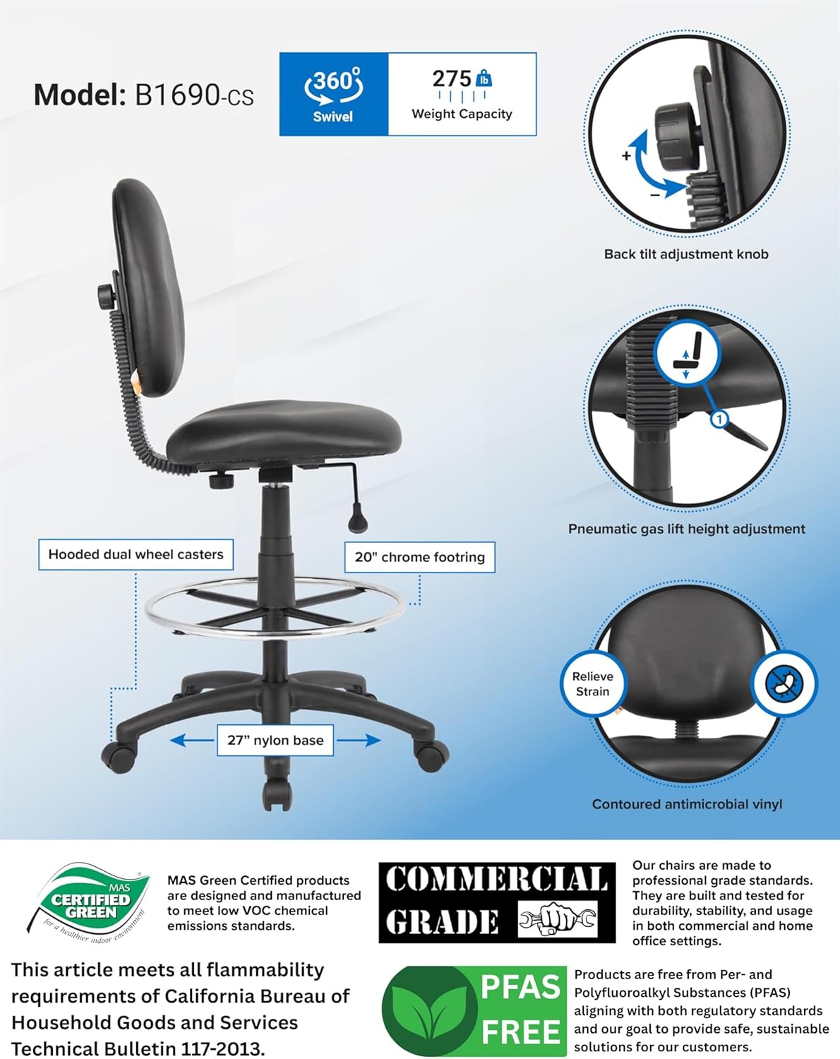 Scranton & Co Adjustable Drafting Stool, 26.5"-31.5" Seat Height, Fabric, Black Finish, Contoured Back, Extra Large Cushion, Pneumatic Height Adjustment, Ergonomic Office Chair for Workspace Use