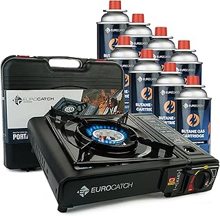 Eurocatch Outdoor - Réchaud à gaz - incl. 8 cartouches de gaz - Réchaud de camping - Brûleur à gaz - Cuisinière à gaz - Plaque de cuisson à gaz - Cuisinière - Mallette de transport