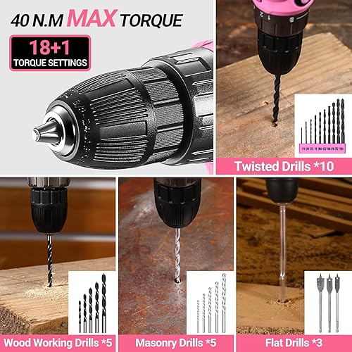 Miniatura 5 de Juego de herramientas de taladro eléctrico rosado: taladro eléctrico inalámbrico de 20 V, controlador, caja de herramientas con batería