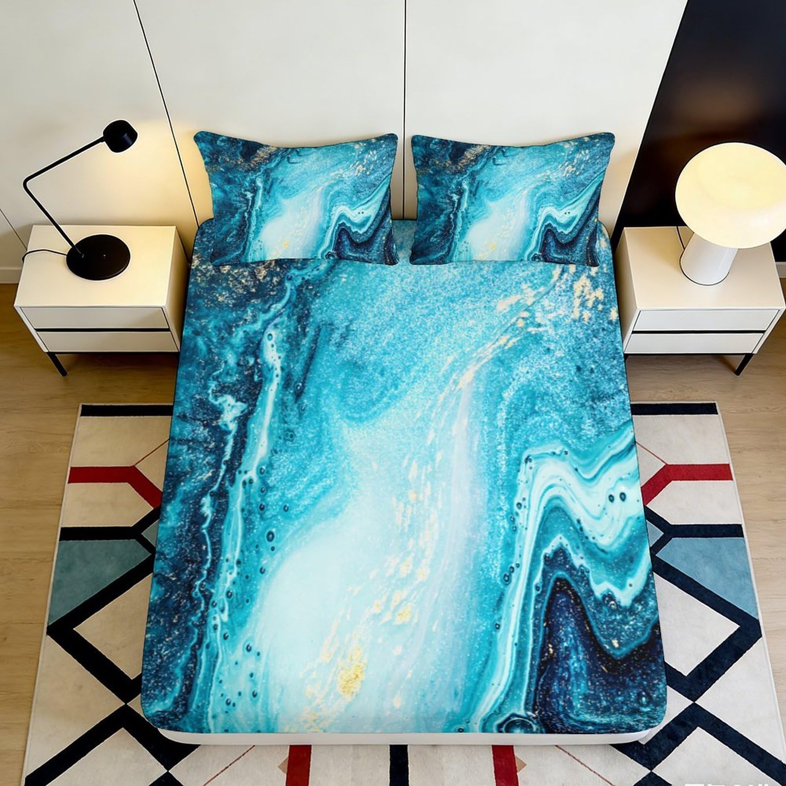 3D Printed Ocean Marble Fitted Sheet Microfiber Soft Blue Wave Mattress Cover for Bedroom Dorm Decor Protection 90x200x25cm
