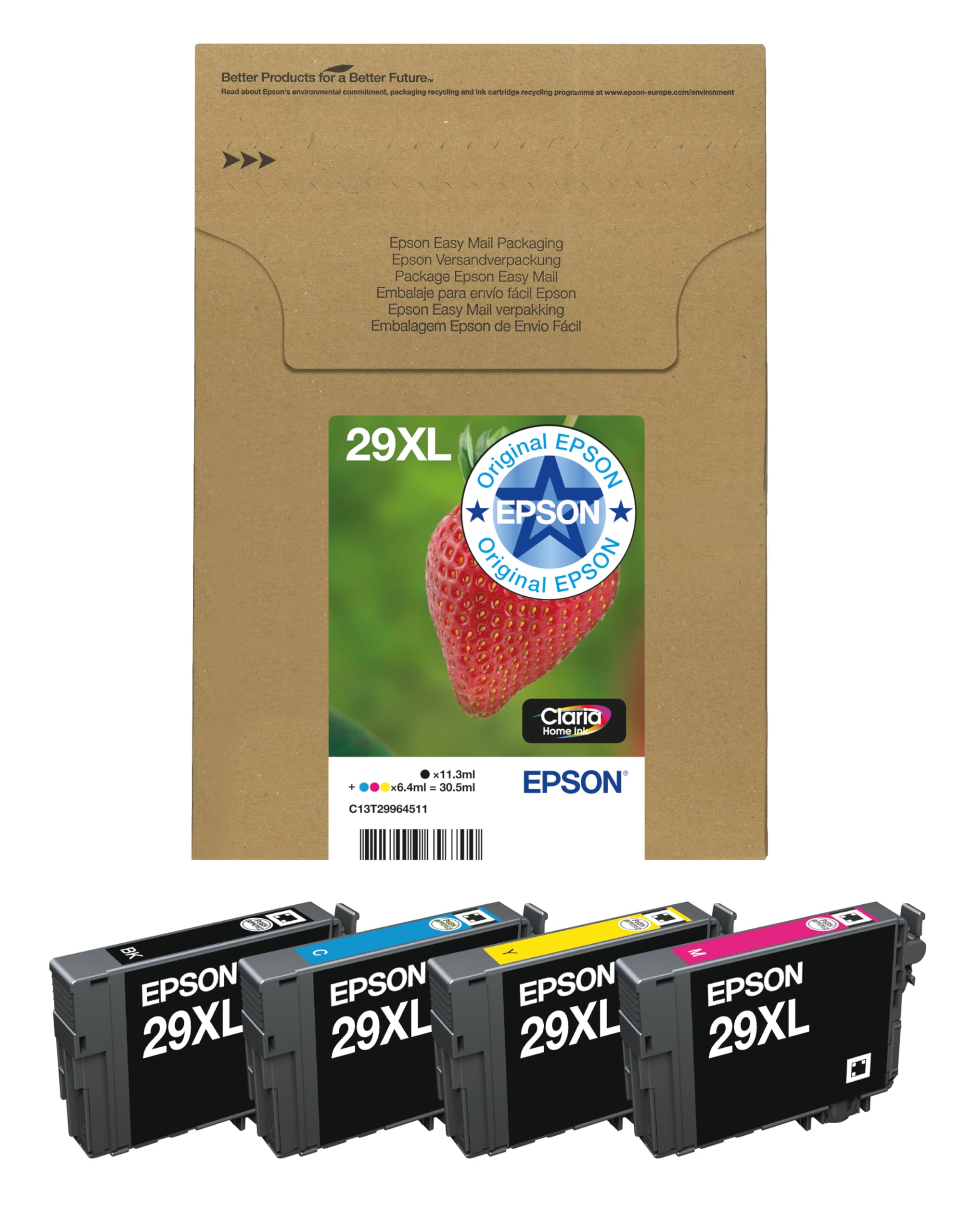 Epson Original 29XL Tinte Erdbeere, XP-235 XP-332 XP-335 XP-432 XP-435 XP-245 XP-342 XP-345 XP-442 XP-445 XP-247 XP-257 XP-255 XP-352 XP-355 XP-452 XP-455, (Multipack 4-farbig)