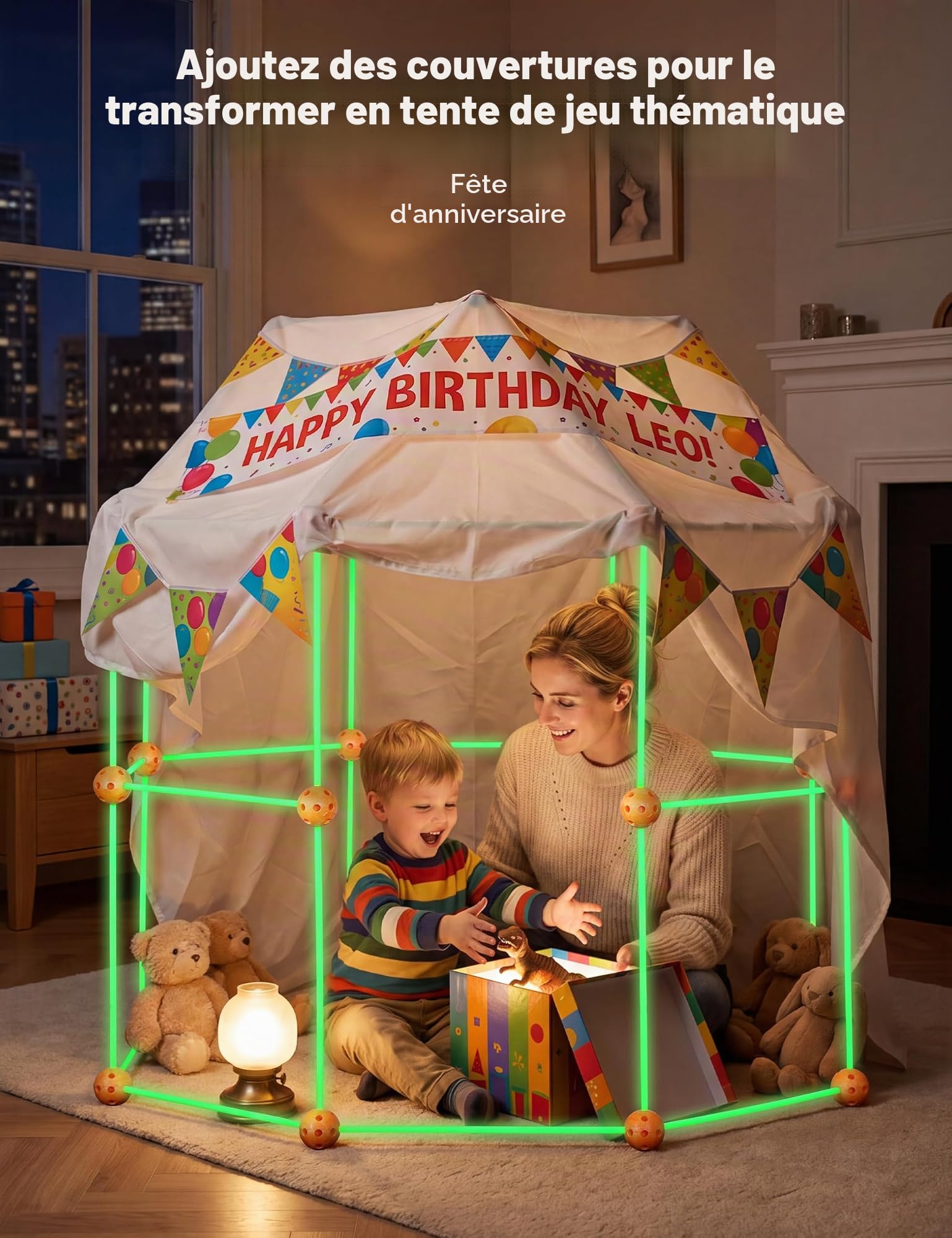 besrey 144 Pcs Kit de Construction de Cabane Enfant avec Jeu de Lancer, Brillent dans Le Noir-Jeux de Construction Interieur Extérieur, Châteaux, Tente Enfant, Tunnel de Jeu, Creative Fort