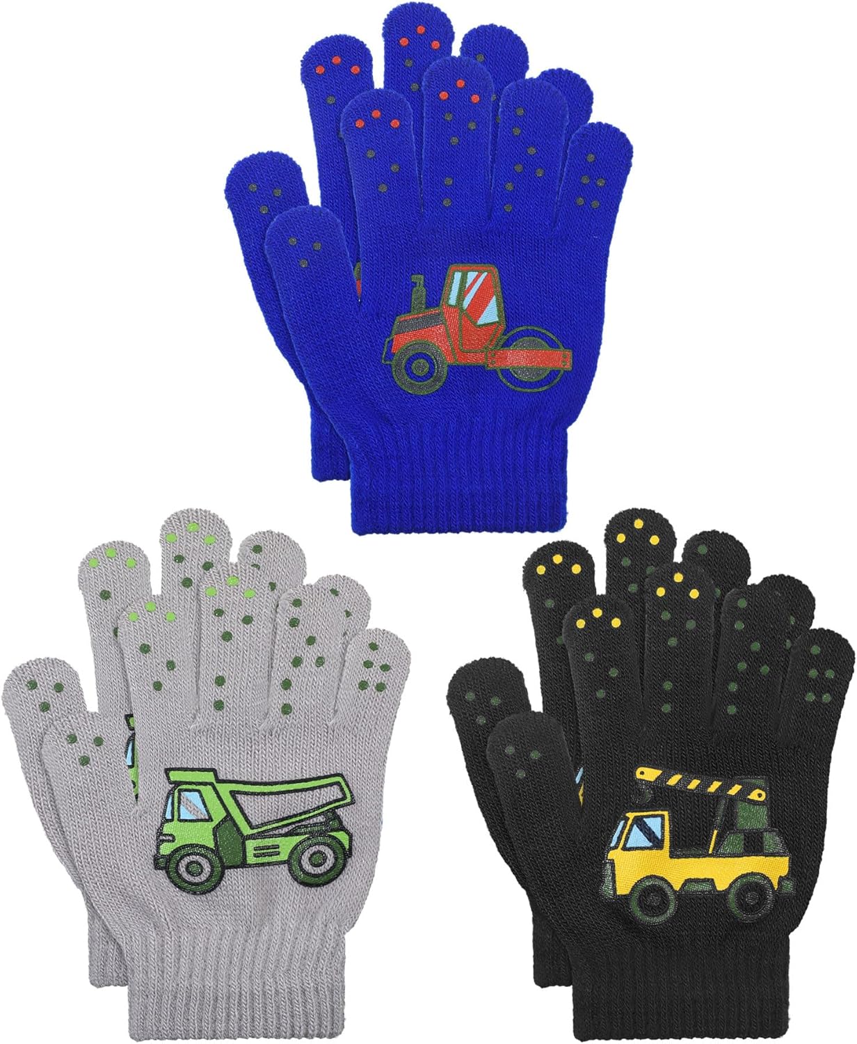 Geyoga 3 Pairs Winter Gloves Kids Car Style Winter Knitted Warm Gloves Full Finger Kids Mittens for Aged 4-10 Years