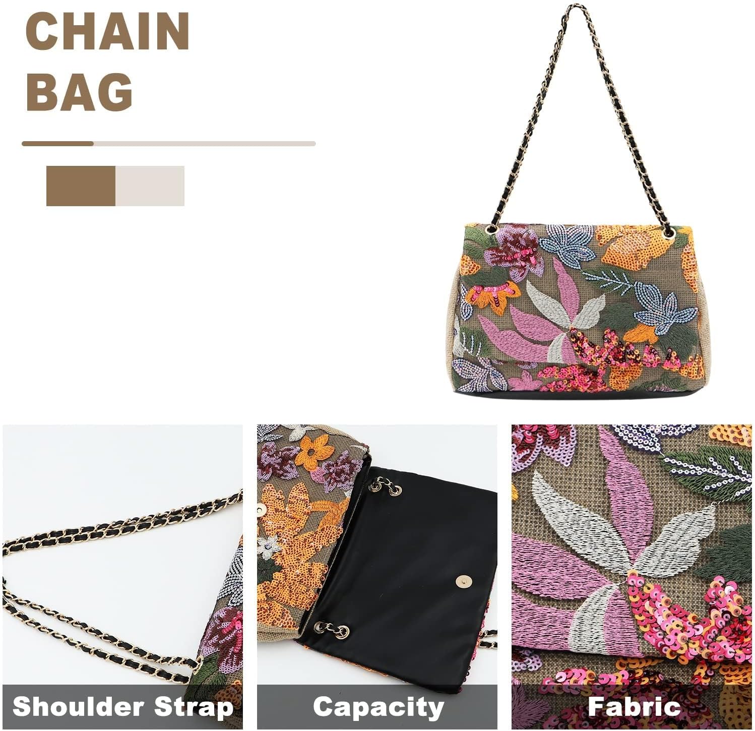 Tote Bag for Women Beach Bag Sequin Embroidery Straw Bag Bohemian Handbag Large Capacity Shoulder Bag Suitable for Vacation Travel Daily - Image 9