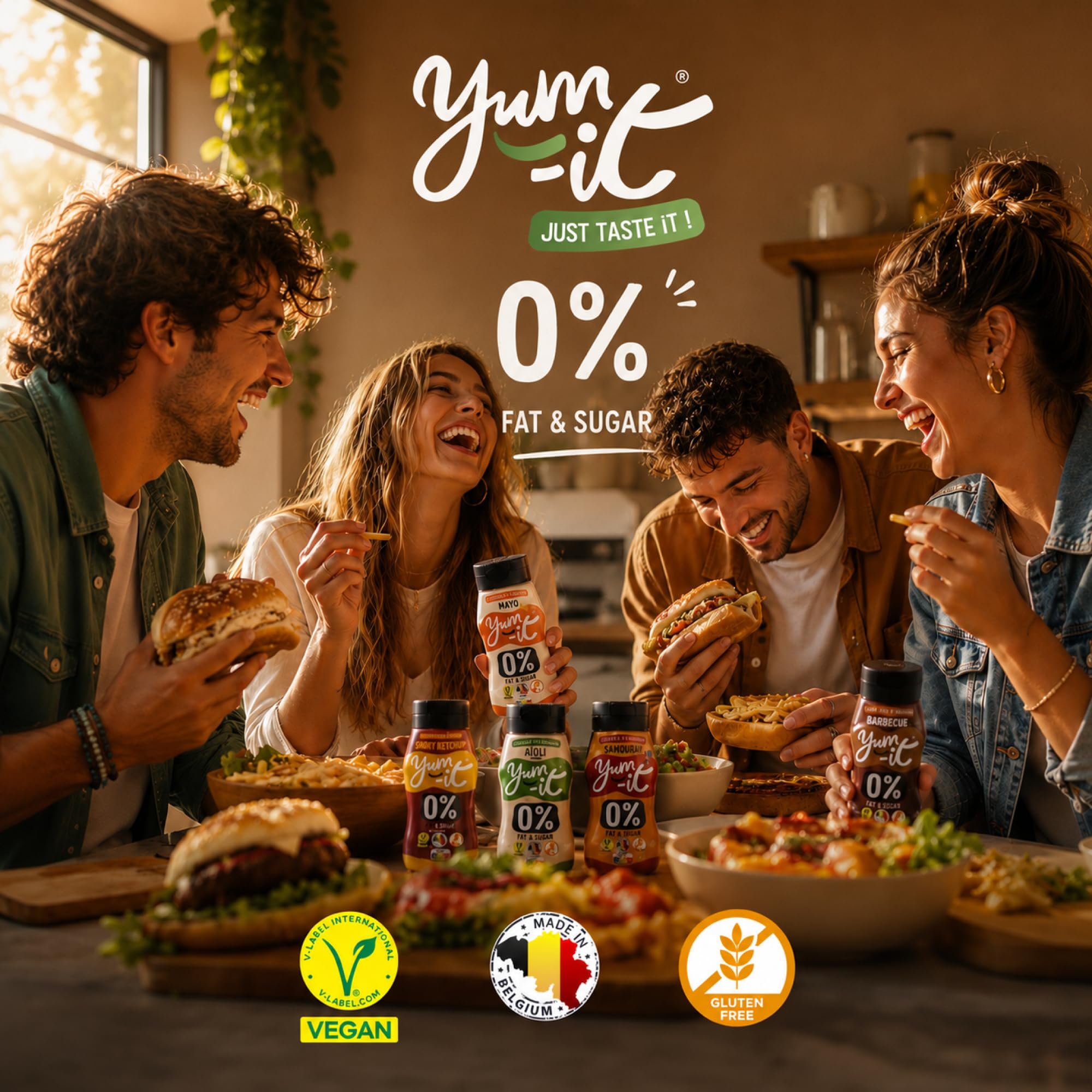Yum it, lot de 6 sauces: Mayo, Burger, Aïoli, Barbecue, Algérienne et Mayo Truffe, 6 x 300g, 0% de matières grasses, 0g de Sucre, cétogène, végétaliennes, sans gluten, halal et fabriquées en Belgique
