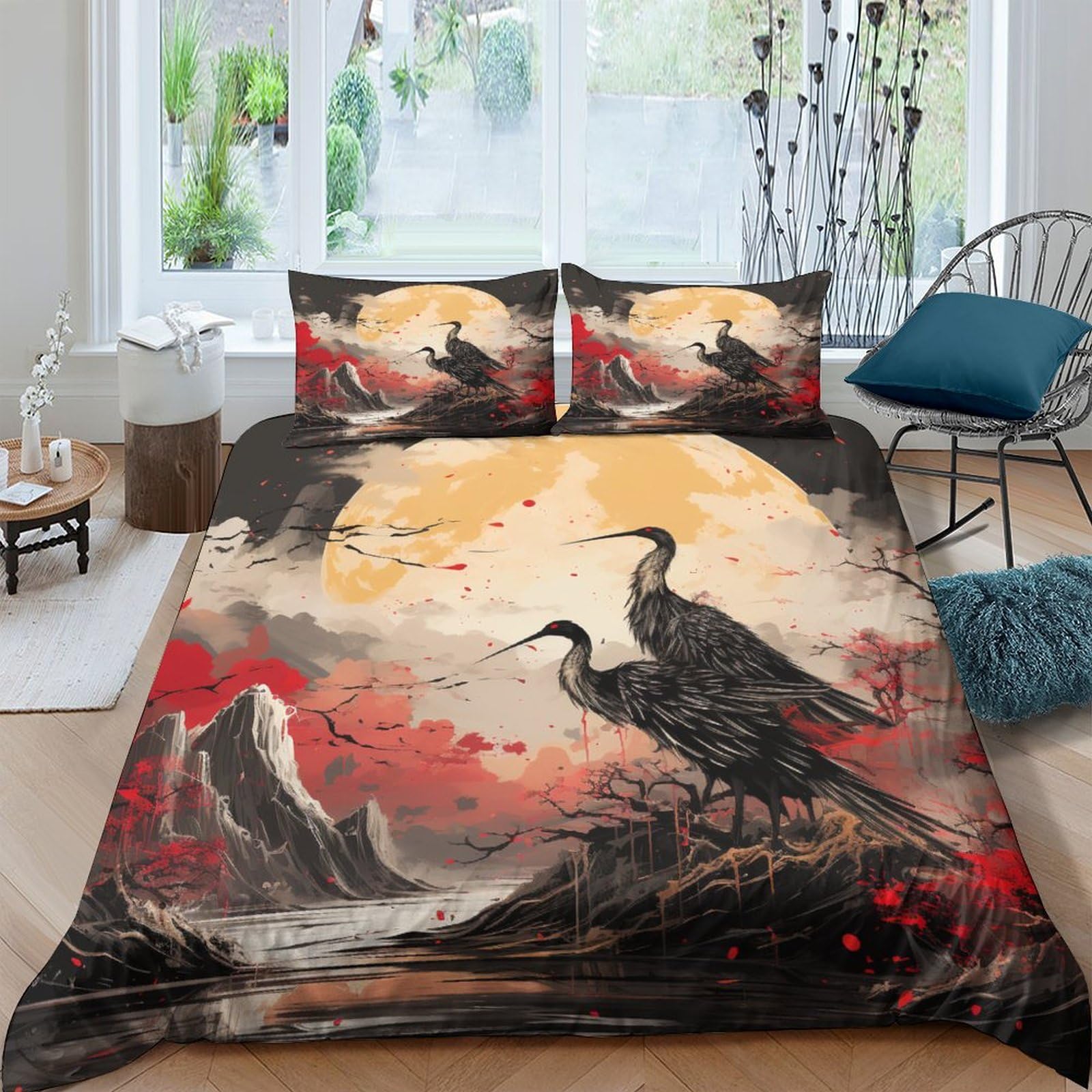 Housse de couette en microfibre supérieure imprimé 3D grues japonaises parure lit double luxe