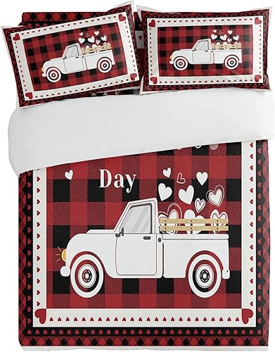 Miniatura 3 de Chucoco 3 Pieces Cali King Bedding Duvet Covers Set Valentines White Truck with Love Heart on Classic Buffalo Soft Quilt Cover and Pillow