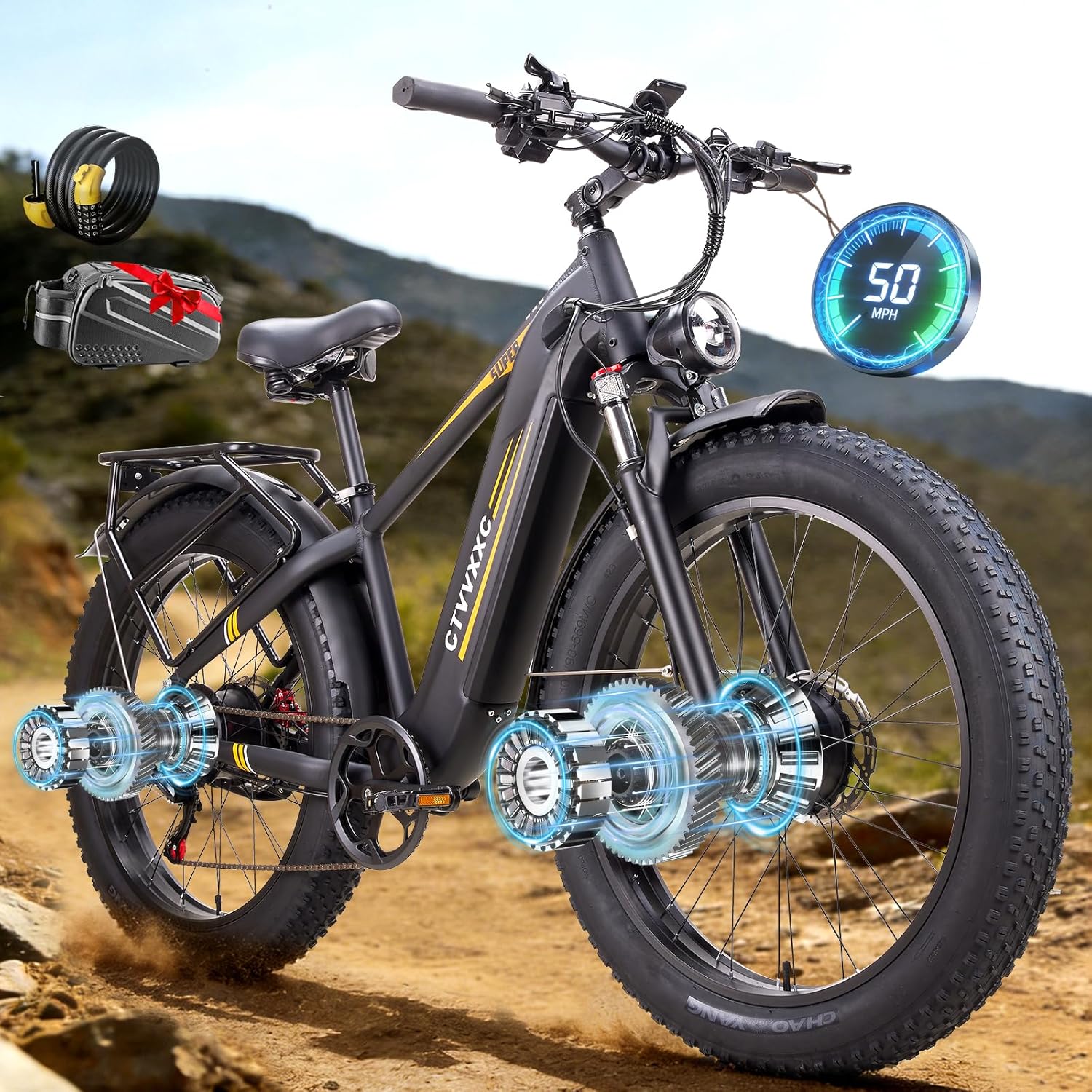 6000W Peak Dual Motor Electric Bike for Adults - 50MPH Top Speed Fast Ebike,Powerful 26Ah Battery Up to 95Miles Long Range E- Bike,26"x4.0 Fat Tires Electric Mountain Bicycle for Beach Snow Commuter