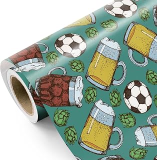 WRAPAHOLIC Beer Wrapping Paper Roll - Mini Roll - 17 Inch x 16.5 Feet - Beer Glass Mug and Football Wrapping Paper, Perfect for Men Birthday, Beer Party, Father's Day
