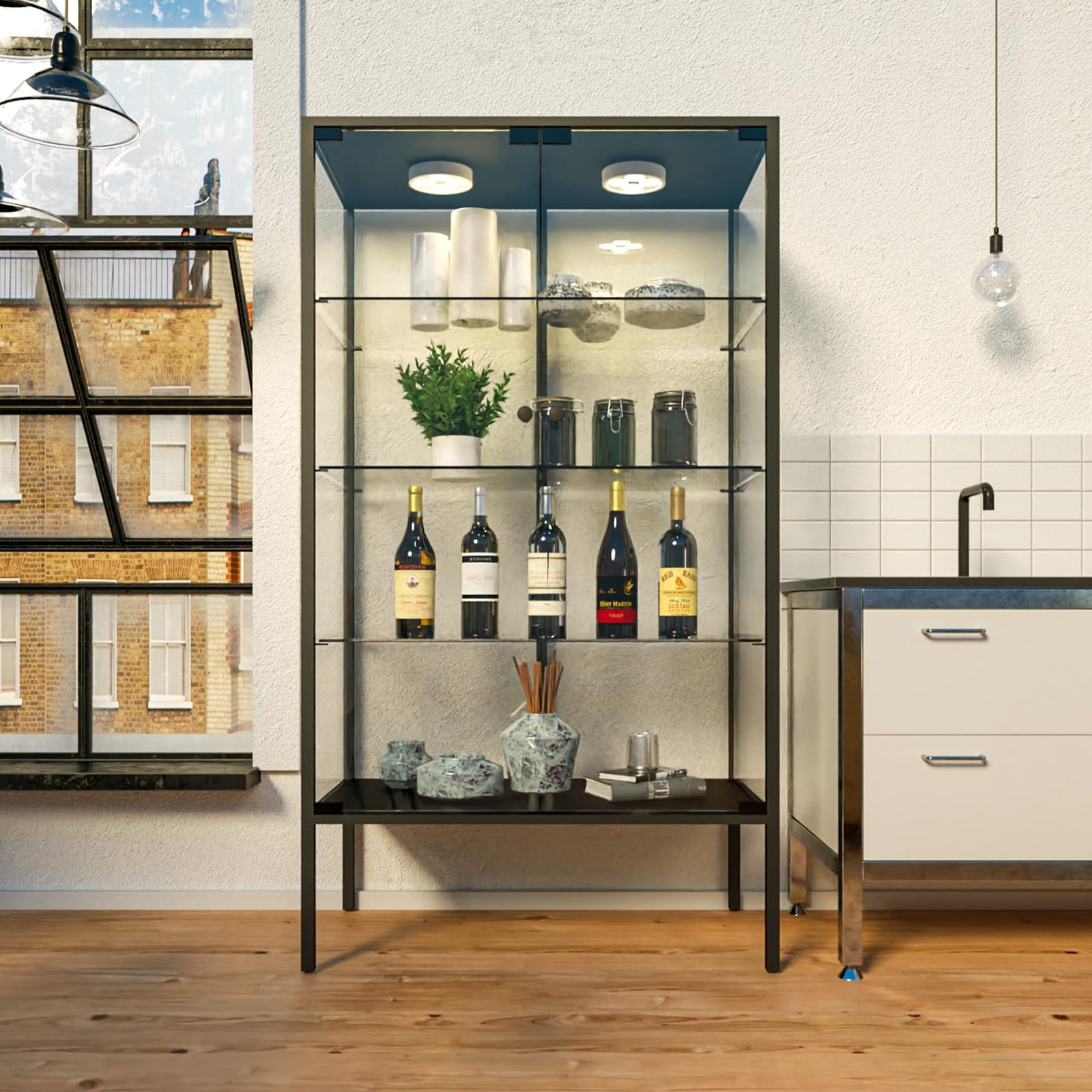 Beauty4U Iron Frame Glass Display Cabinet with LED, 4-Shelf Curio Cabinet
