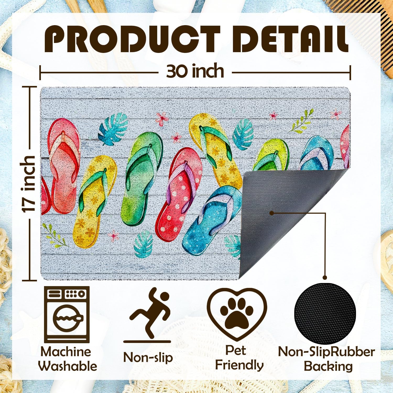 Summer Beach Flip Flops Welcome Door Mat,Coastal Tropical Plant Mats for Home Outdoor Indoor Entrance,Summer TropicalTropical Flip Flops Doormat for Front Door Porch,17x30 Inches