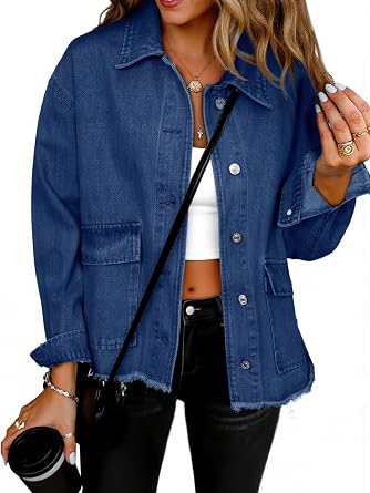 Glamaker Womens Jean Jackets Cropped Casual Denim Jacket Button Down Vintage Loose Frayed Hem Fall Coat with Pockets