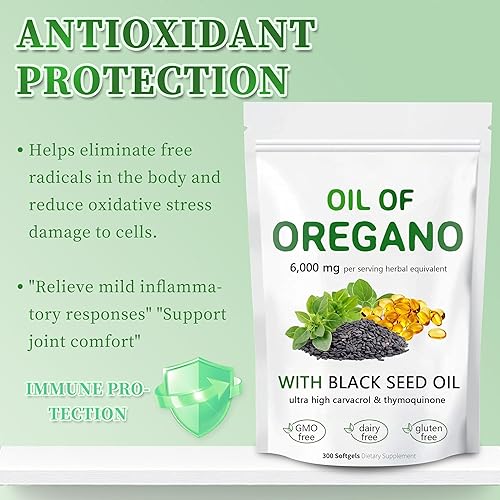 Miniatura 2 de Aceite de cápsulas blandas de orégano, 300 cápsulas blandas, formulado con aceite de semilla negra, Carvacrol de 4 veces más fuerza, para apoyo
