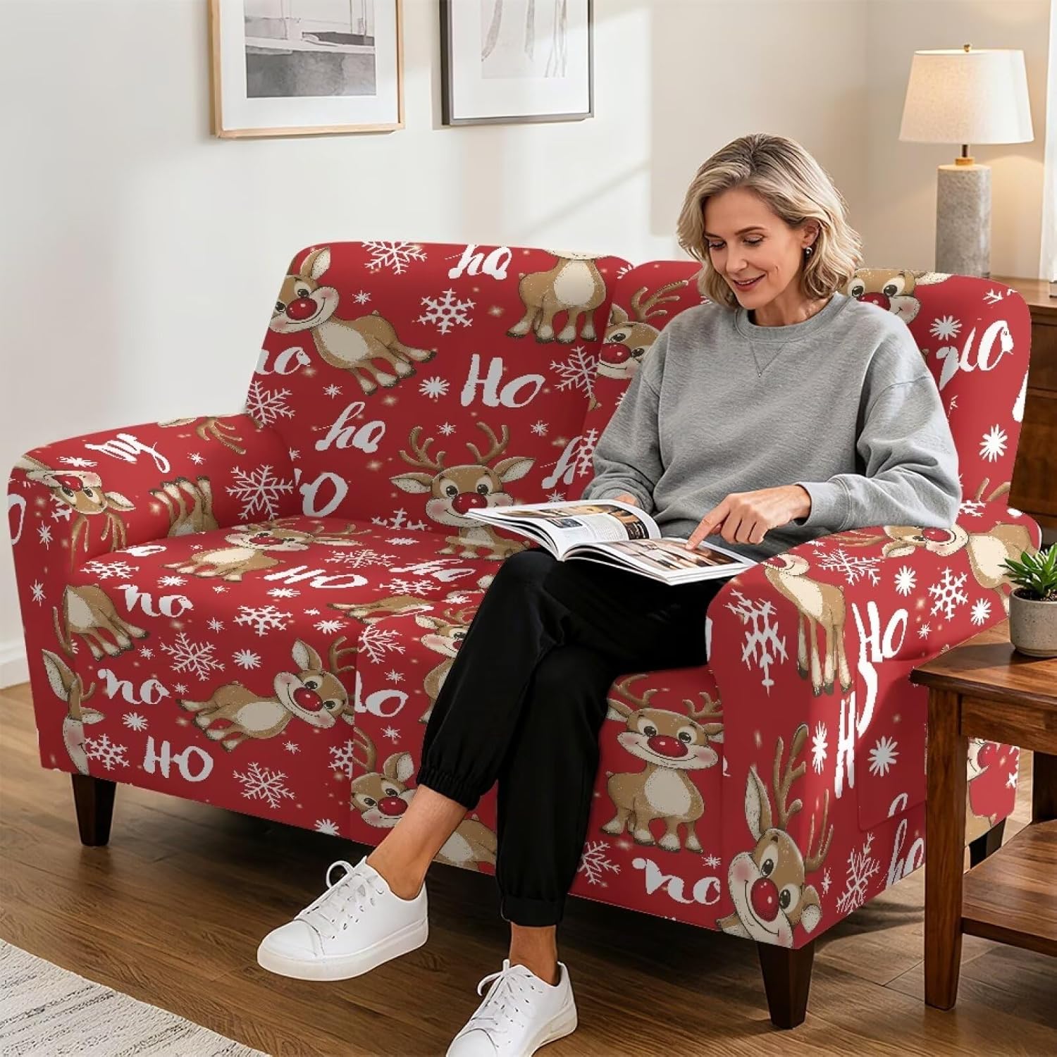 Biyejit Xmas Reindeer 2 Seat Recliner Loveseat Covers, Recliner Couch Covers Soft Reclining Slipcovers Washable 6 Pieces Sofa Slipcovers for Living Room Christmas Decor