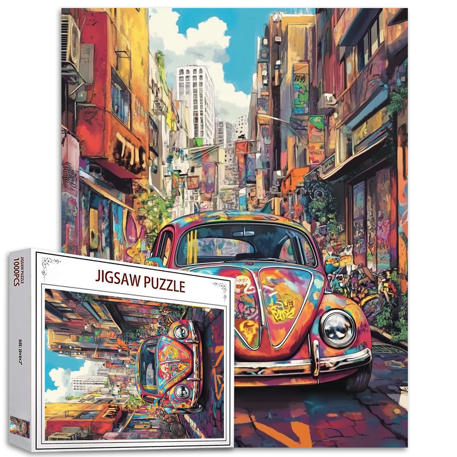 Vintage Car 1000 Piece Jigsaw Puzzles for Adults America Landscape Painting Jigsaw Puzzle Graffitic Automobile Puzzles for Challenging Family Activity Art Landscape DIY Puzzle Decor Gifts(Colorful)