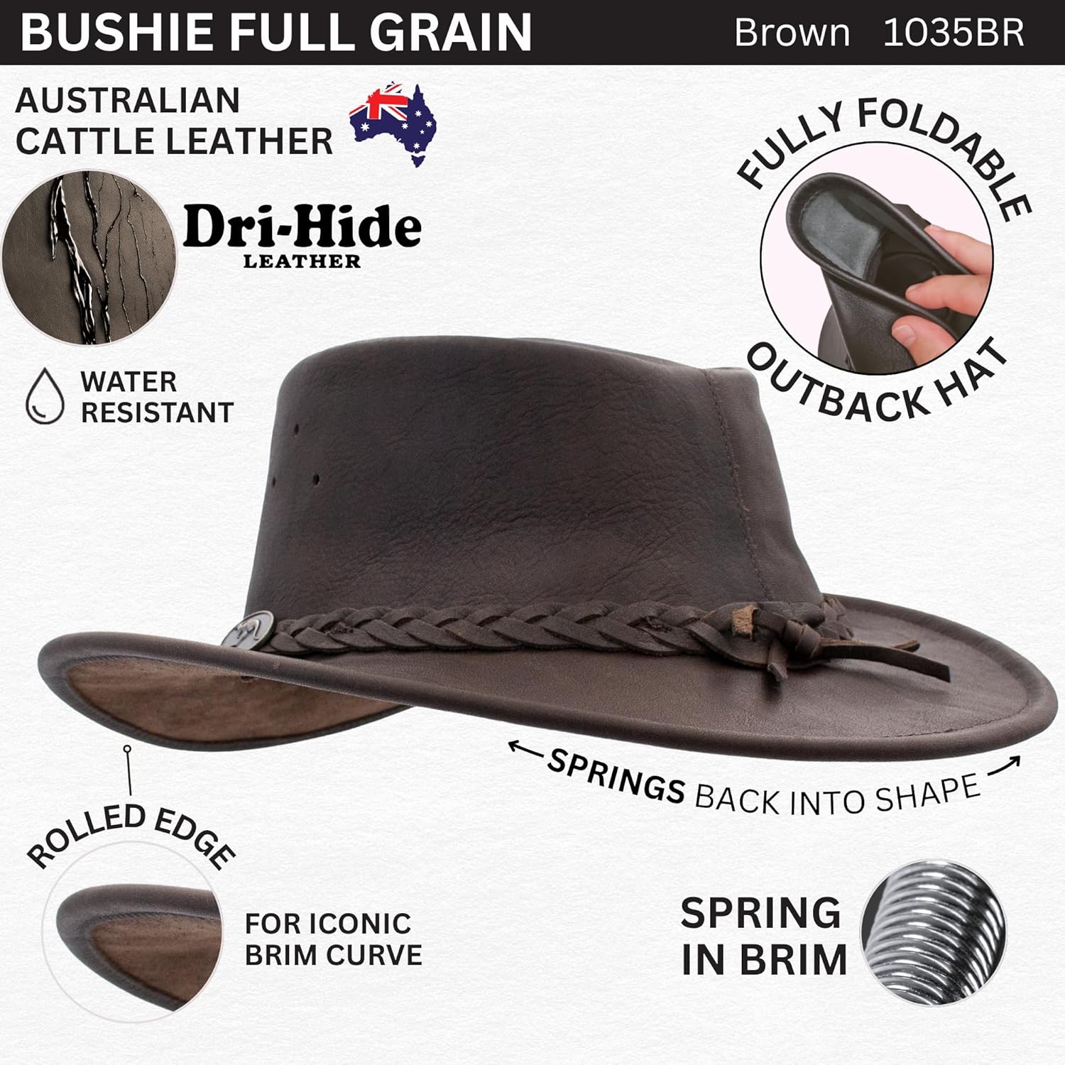 1035 Full Grain - Australian Cattle Leather Cowboy Hat - Foldable, Lightweight, Durable, Water Resistant