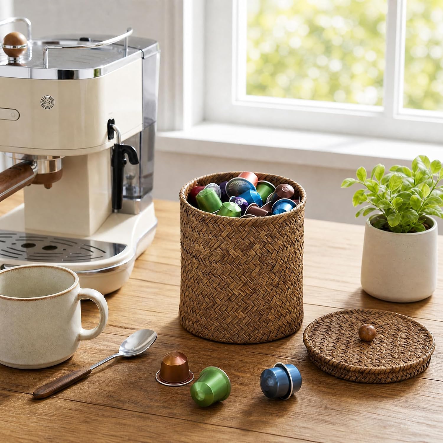 Seagrass Coffee Pod Holder with Lid, K Cup Holder Organizer for Countertop