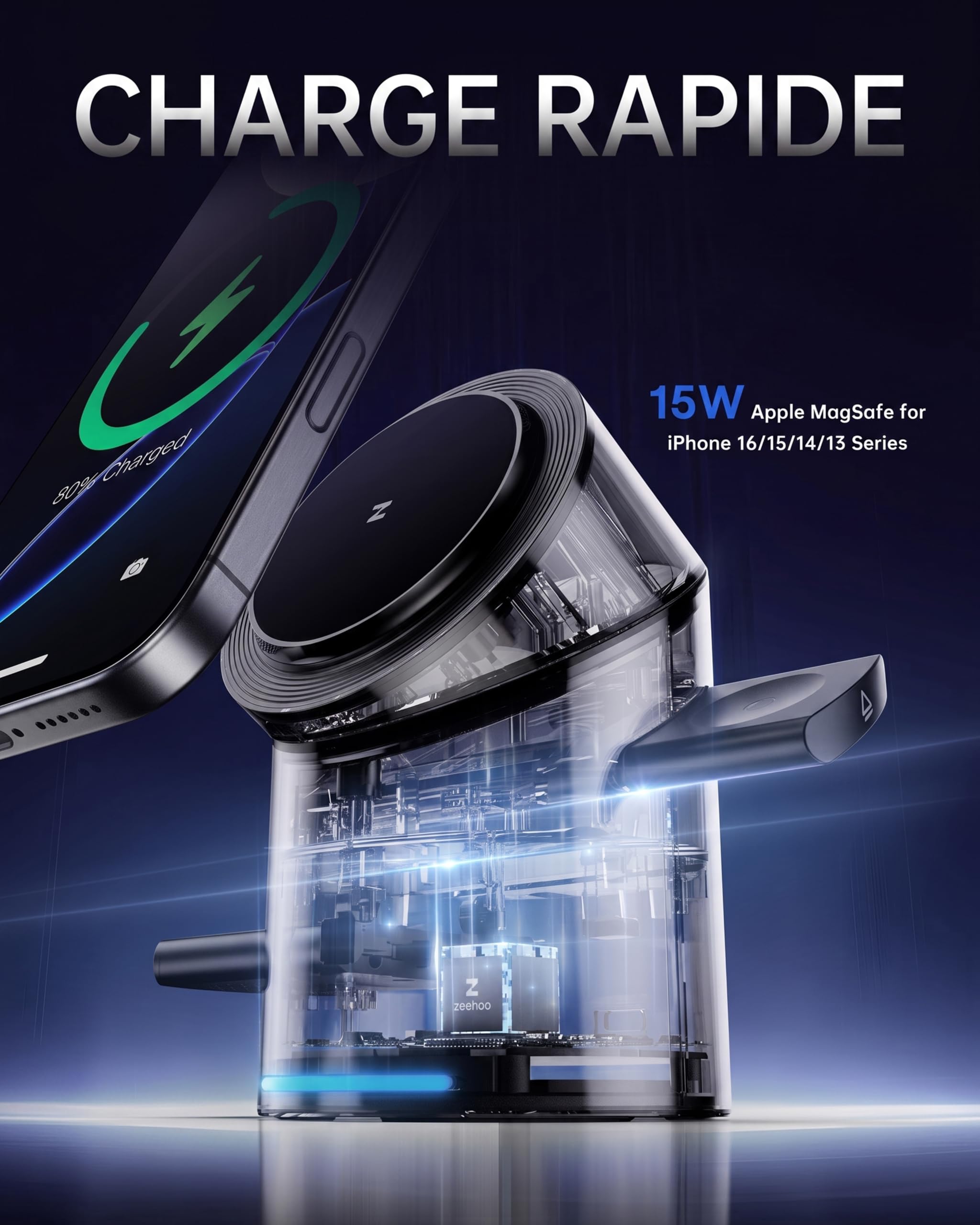 ZEEHOO Chargeur Induction pour iPhone Wireless Charger, 15 W Station de Charge Apple, Chargeur sans Fil 3 en 1 pour Apple Watch, iPhone, AirPods (Noir)