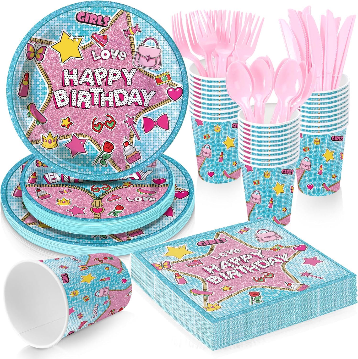 Blue Cartoon Dog Theme Party Supplies for 24 Guests,Blue Dog Birthday Decorations Disposable Tableware Set With Plates, Cups, Napkins & Cutlery For Kids Child Themed Birthday Party