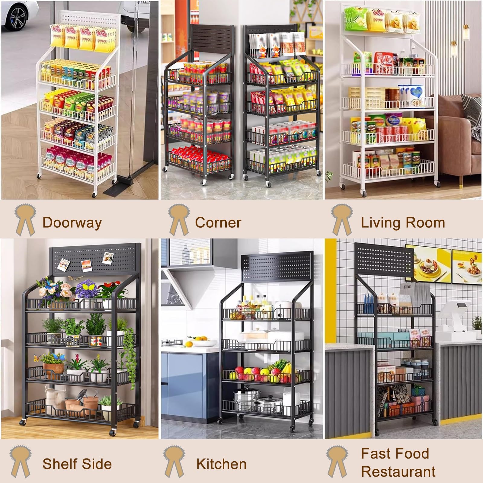 HDYZJQ Commercial Supermarket Shelf Display Rack, Free Standing Snack Shelf with Hook & Wheels, Pantry/Garage/Retail Store Rolling Food Rack (Color : Black, Size : 4 Layers 140x28x60cm)