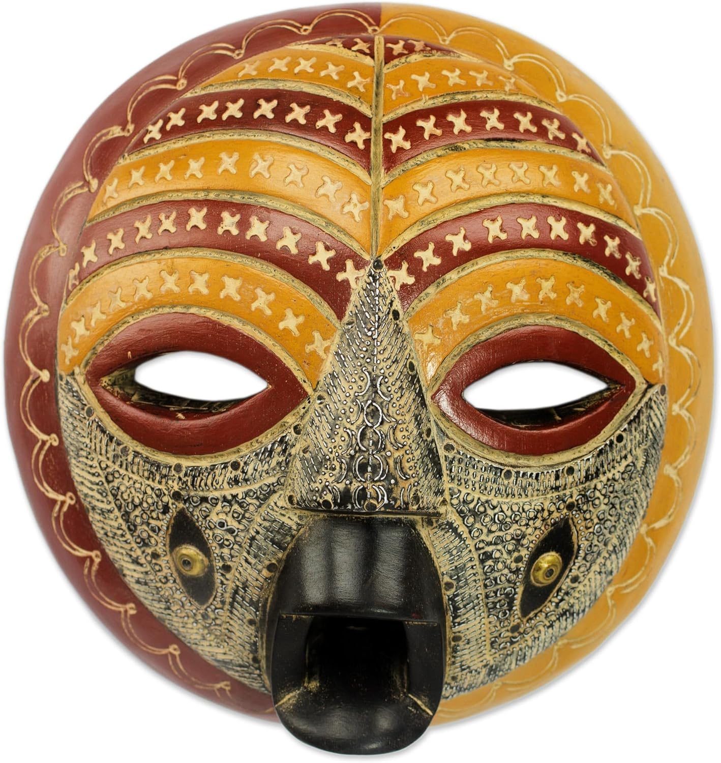 NOVICA Artisan Handmade Wood African Mask Aluminum from Ghana Yellow Red Masks Ghanaian [10in H x 9.75in W x 4.3in D] ' Edinam Luck'
