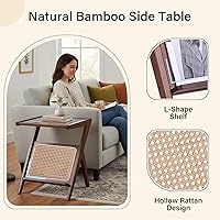 Vista 6 de Tiita Rattan Side Table, Mid Century Nightstand, Bamboo Accent Bedside Tables, Glass Coffee Tables, Boho Wooden End Table with Storage for Small