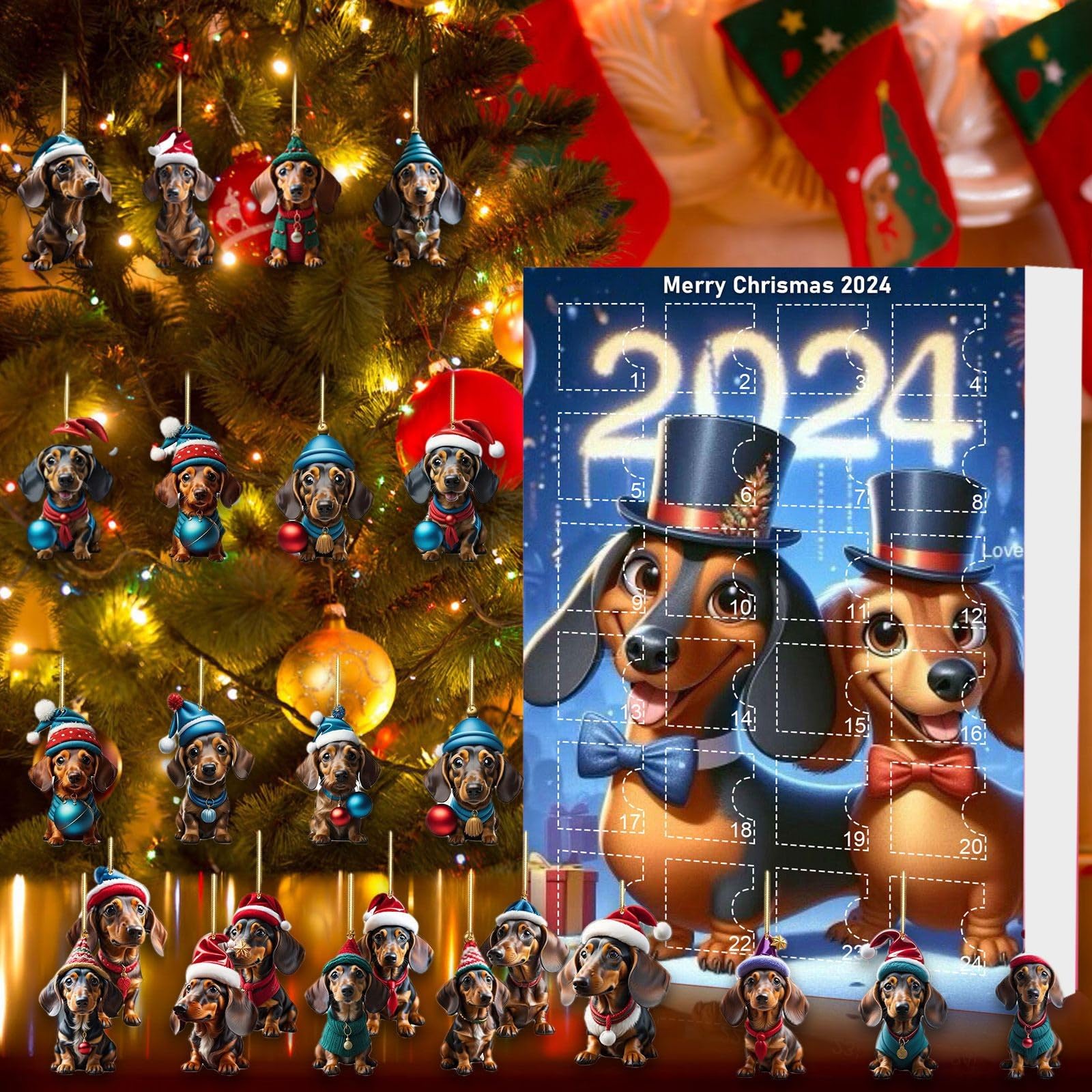 Calendrier De L'Avent Teckel Noël 2025 - 24 Pendentifs Acrylique 2D - Déco Rétroviseur, Arbre, Fenêtre - Compte à Rebours Fêtes
