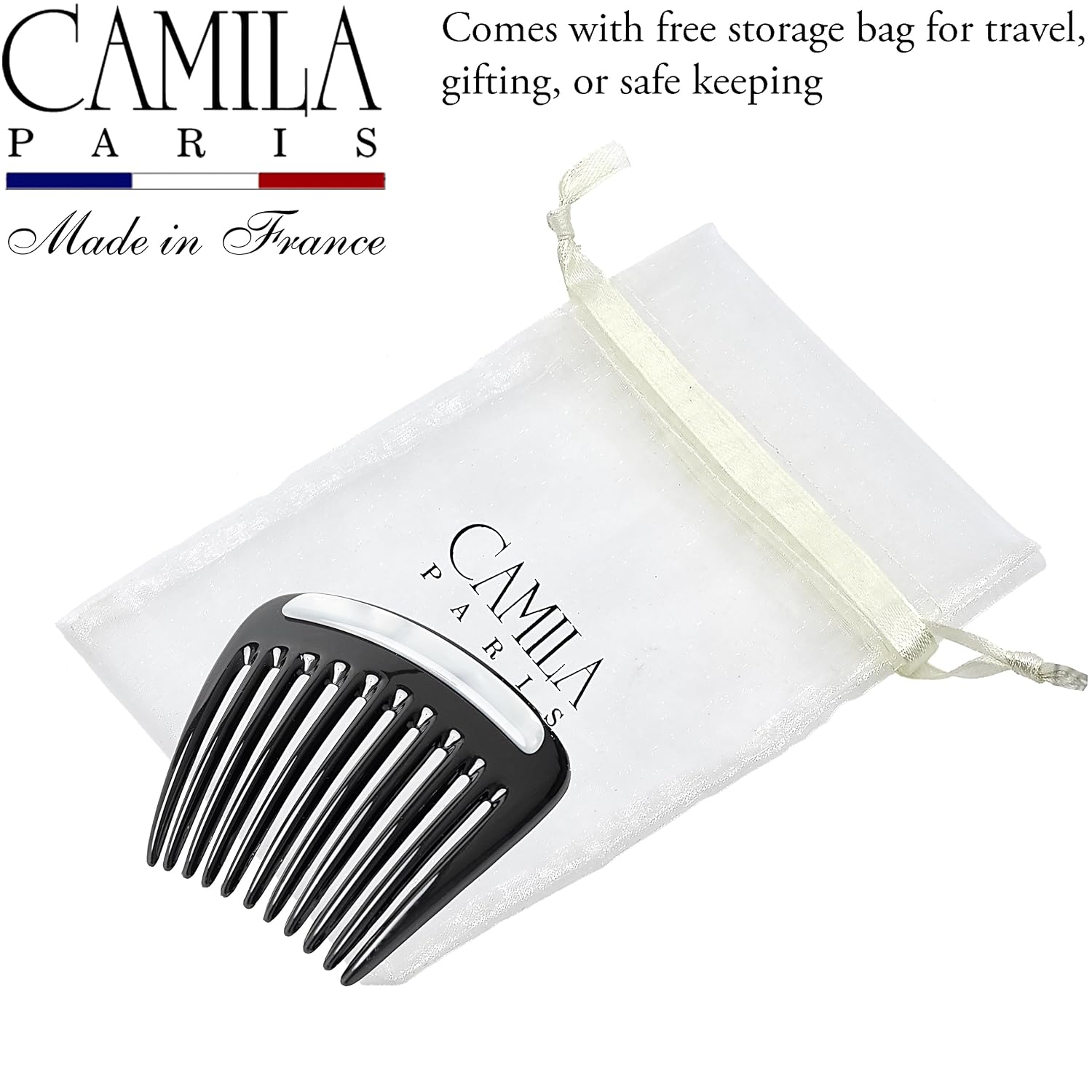 Camila Paris CP3769 French Hair Side Comb Small Rounded Black and Pearl, French Twist Hair Combs, Strong Hold Hair Clips for Women Bun Chignon, Styling Girls Hair Accessories Made in France