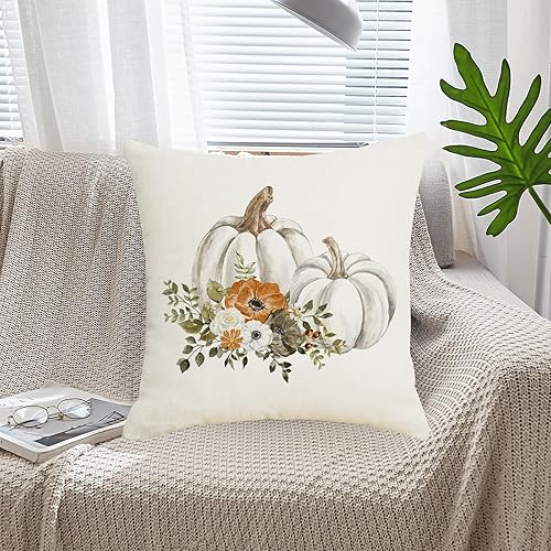 Miniatura 4 de Juego de 2 fundas de almohada decorativas de otoño de 18 x 18 pulgadas, diseño de hojas florales de calabaza blanca con acuarela, fundas de almohada