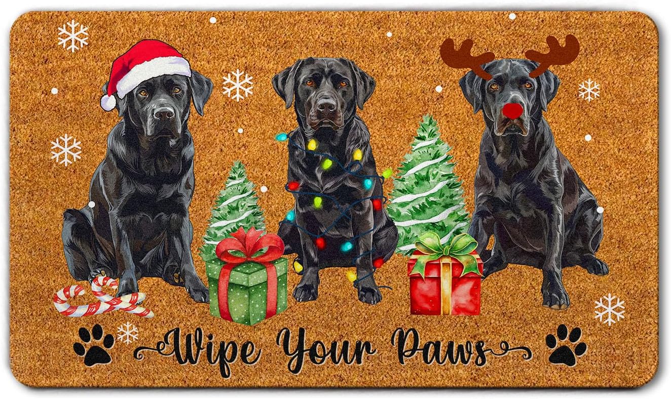 Christmas Black Labrador Retriever Mat, Cute Lab Dogs Doormat, Xmas Dogs Doormat, Welcome Mat Indoor Outdoor Entrance Floor Mat Non Slip, Keepsake Gift for Dog Lover, Pet Owner, Dog Mom, Dad