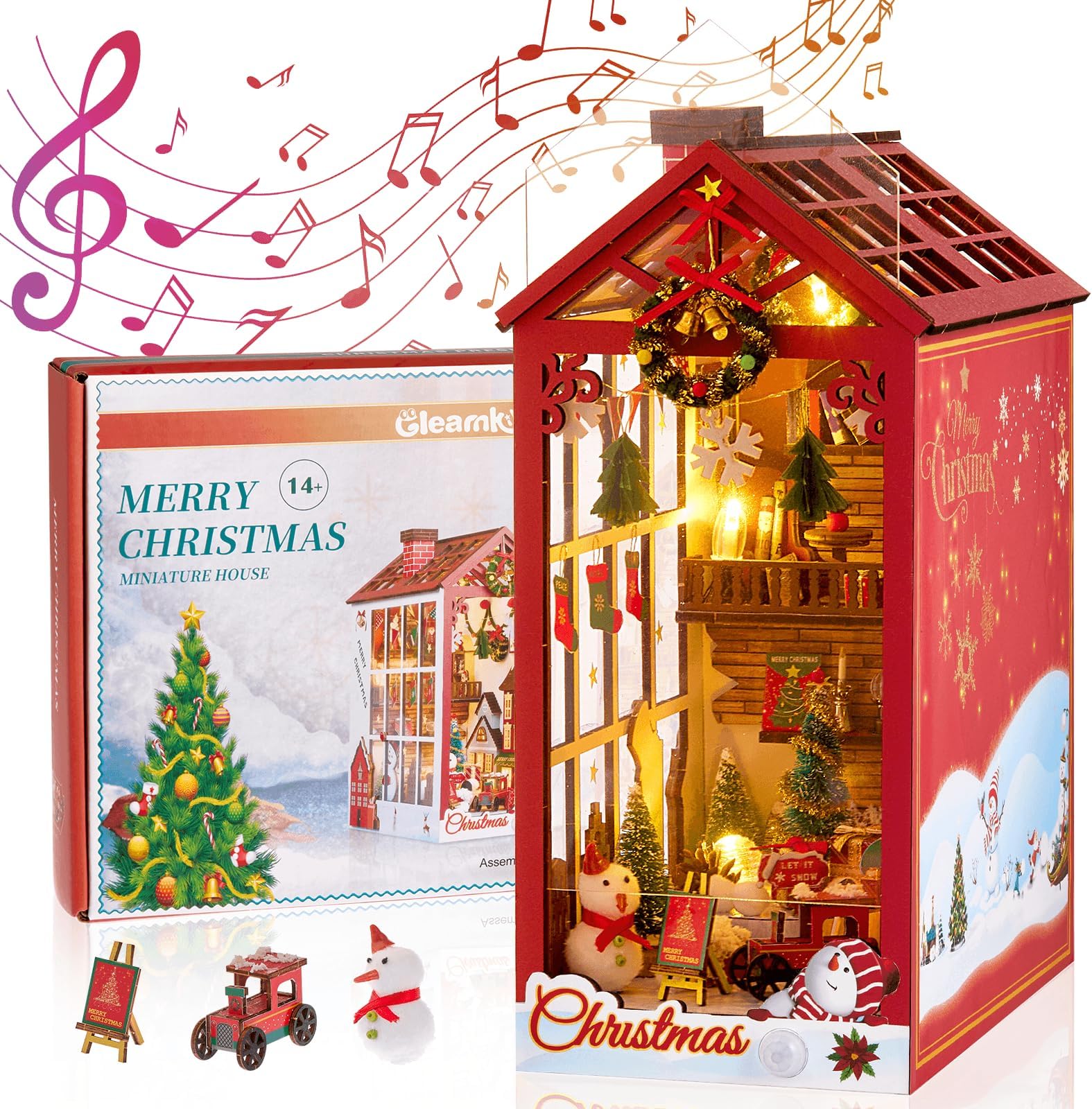 Gleamkid Christmas Book Nook Kits for Adults, 3D Wooden Puzzle Bookend with Tool Kit, DIY Miniature House Kit, Booknook Decor with Sensor LED Lights & Musicfor Age 14 for Girls Women