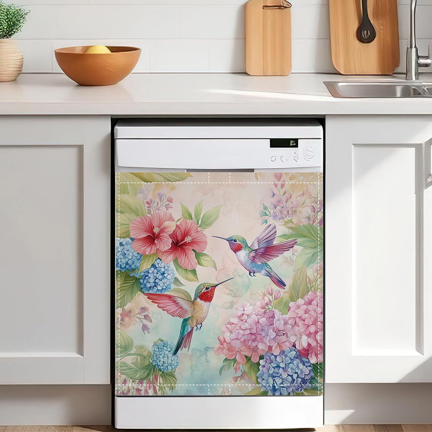 Hummingbird Dishwasher Magnet Cover,Hibiscus Hydrangea Waterproof Magnetic Dishwasher Front Cover,Refrigerator Panel Sticker for Kitchen Decor 23" x 26"