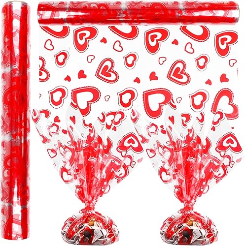Miniatura 7 de DERAYEE Rollo de papel de celofán de corazón de San Valentín, 100 pies x 16 pulgadas, papel de regalo de celofán transparente para flores,