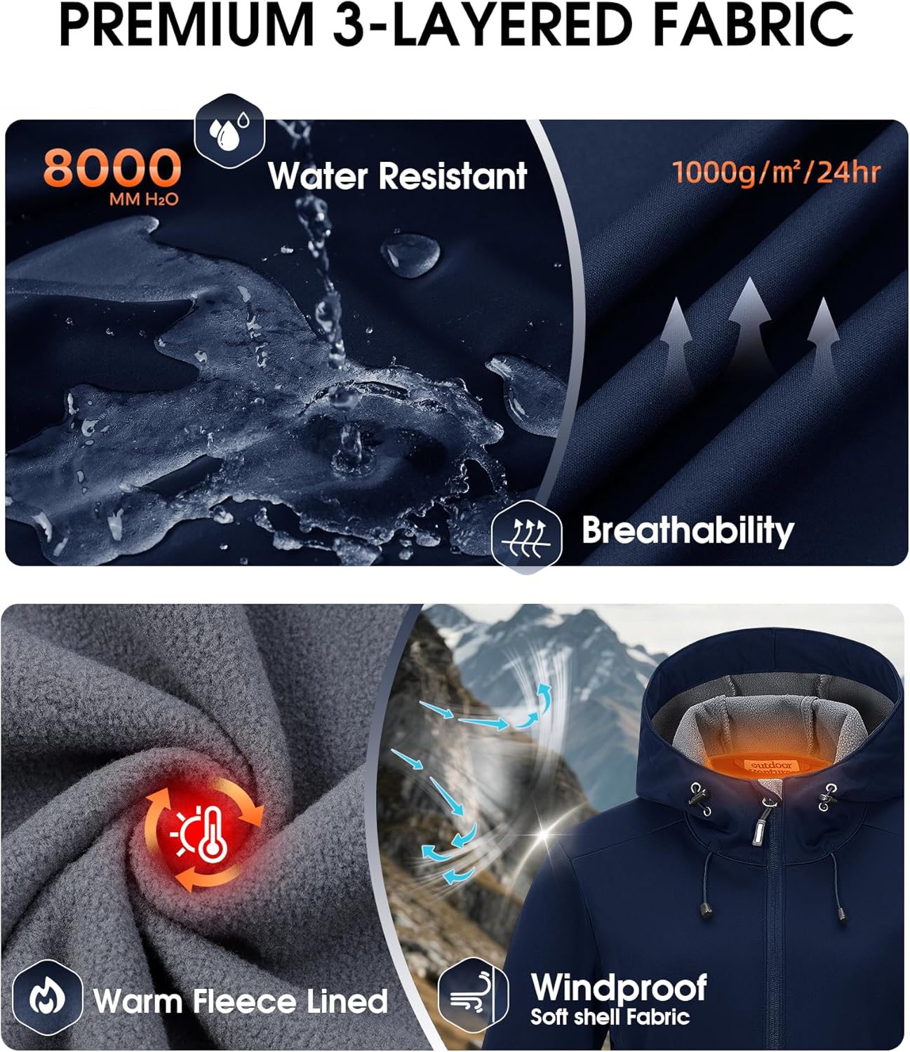 Outdoor Ventures Women's Softshell Jacket Waterproof Warm Fleece Lined Lightweight Windproof Hooded Insulated Windbreaker - Image 3