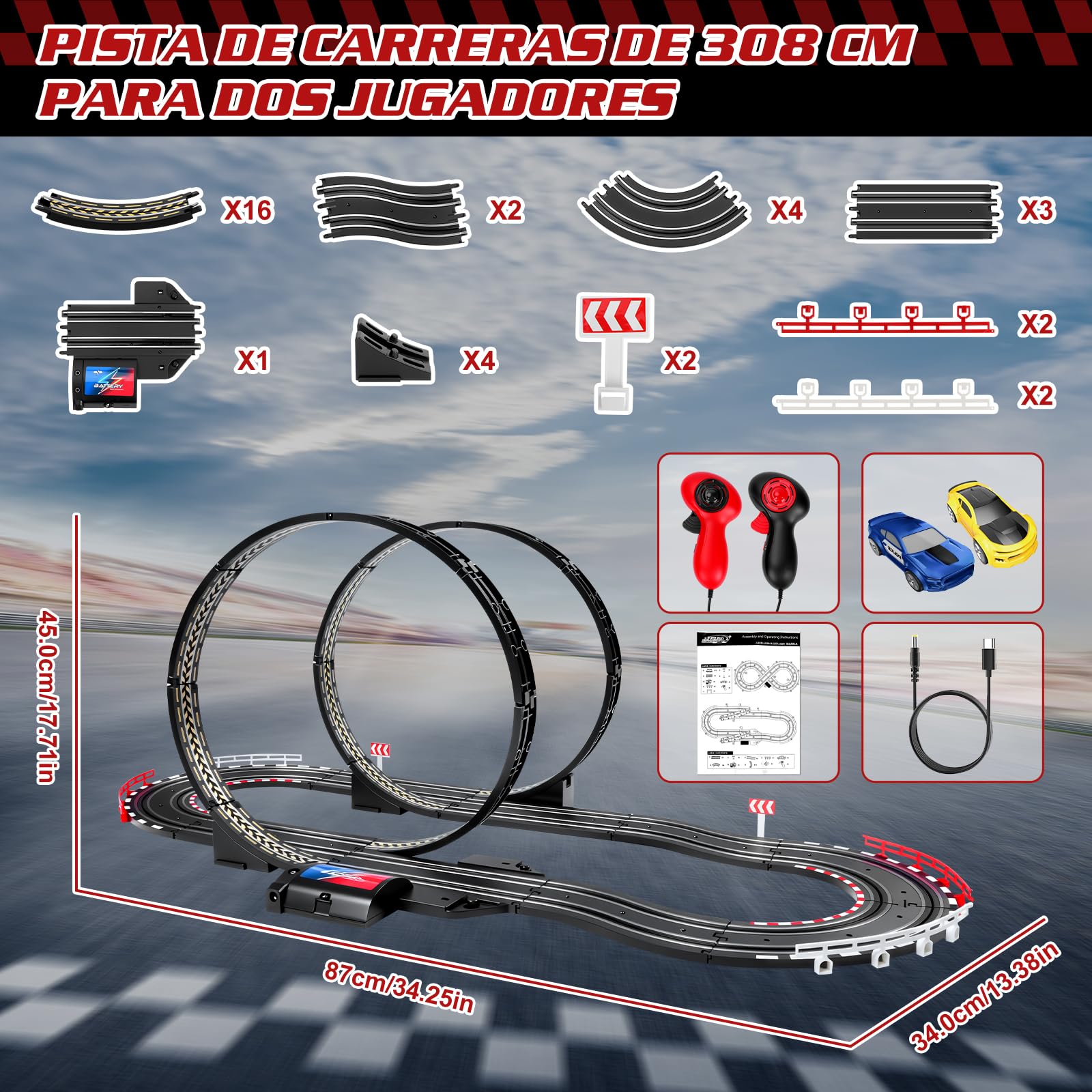 JONRRYIN Pista Carreras Electrica, Pista De Coches para Niños 1:64 Circuito Coches Pista Carreras Niños 3+ Años Juguete Regalos - 2 Coches, Bucle 360°, Contador Vueltas (308CM)