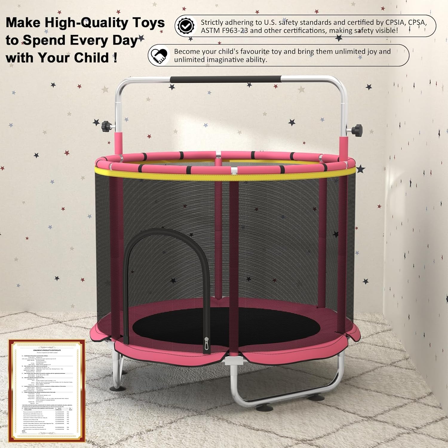 60" Trampoline for Kids with Enclosure Net,500lbs Capacity Toddler Trampolines Indoor & Outdoor,Kids Trampoline with 5ft Adjustable Gymnastic Bar,Gift for Boys & Girls