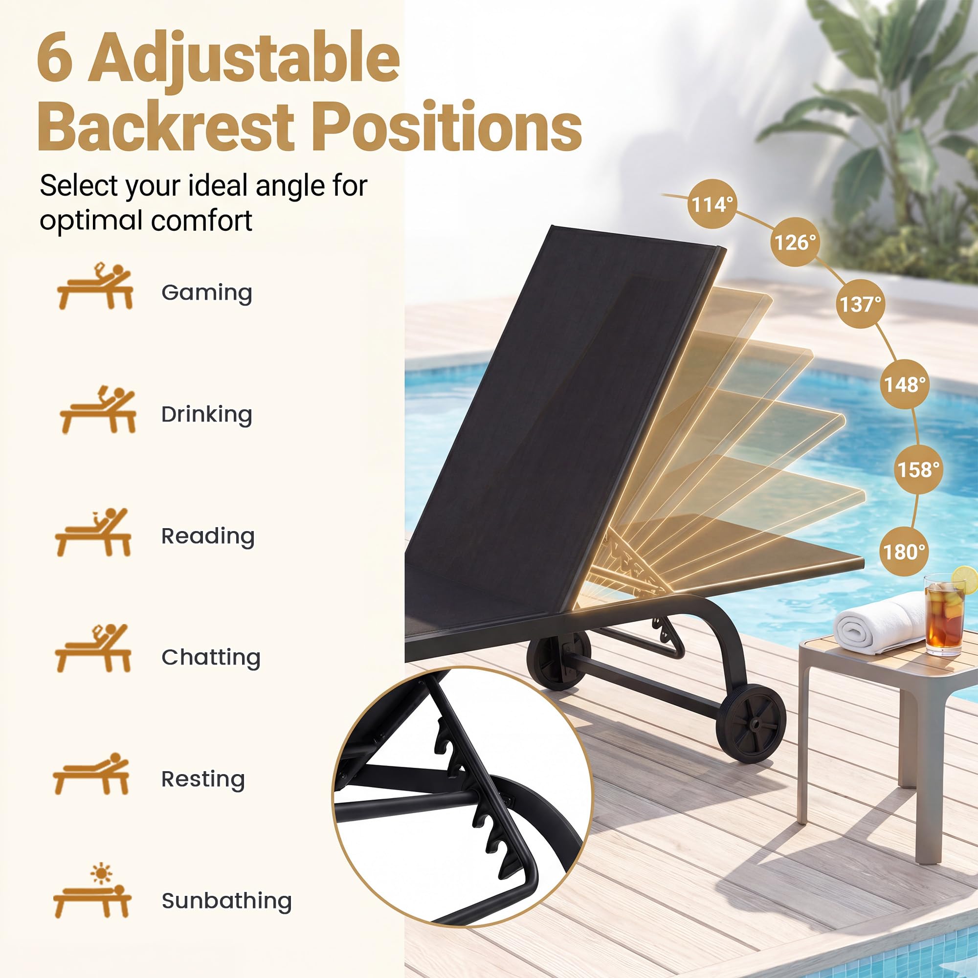 KOMFOTTEU Juego de 1/2 Tumbona de Jardín con Ruedas, Tumbona de Tela con Respaldo Ajustable en 6 Posiciones, Silla Reclinable de Exterior, Carga 150 kg, para Balcón, Terraza, Piscina (Negro x 1)