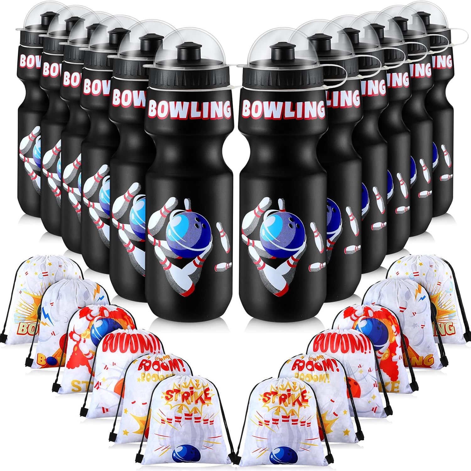 Hosuly Bowling Party Favors 12 Pcs 24 oz Bowling Ball Water Bottle and 12 Drawstring Bags, Plastic Water Bottles Bulk Sport Gym Goodie Gift Bag for Student Office School Reward