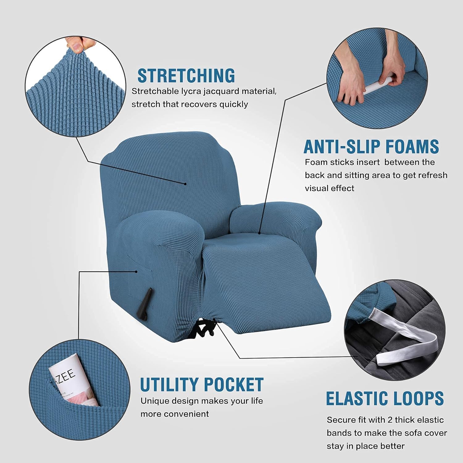 H.VERSAILTEX 1 Piece Recliner Slipcovers Bundles Round Ottoman Slipcover(Medium, Dusty Blue)